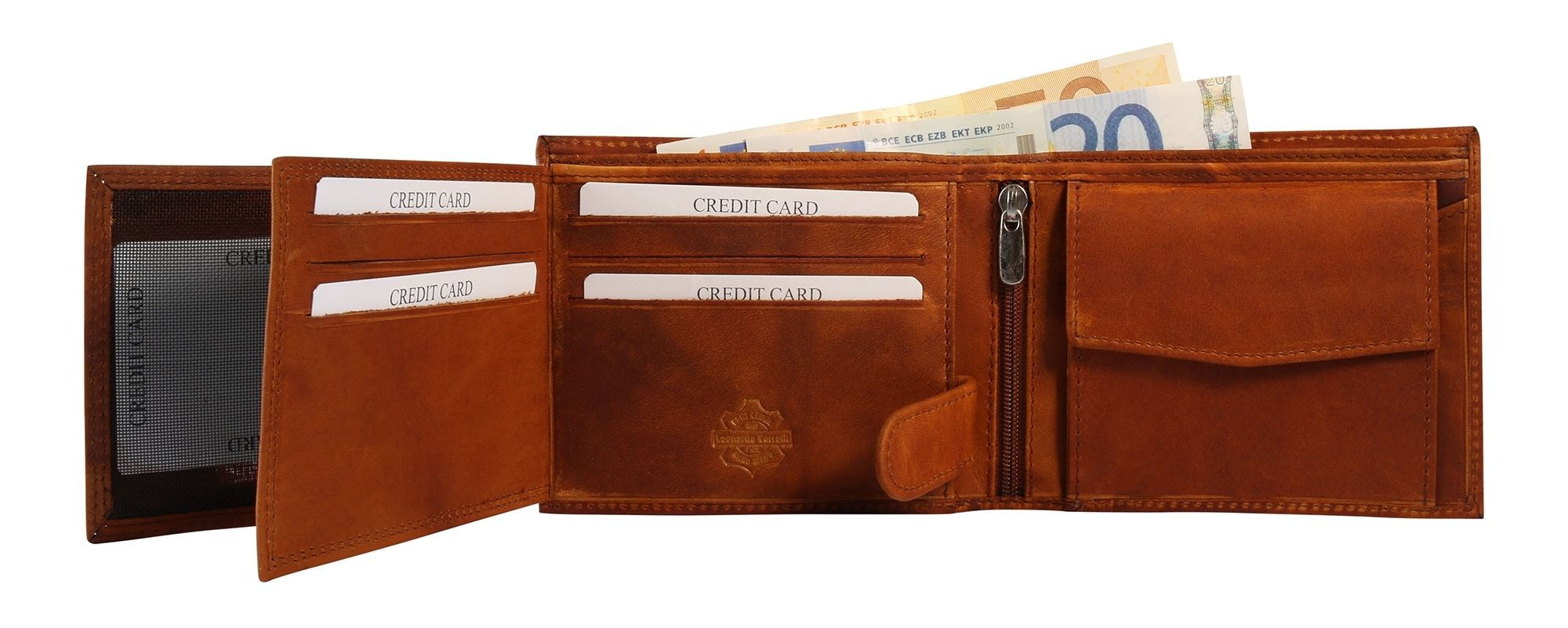 "Levi" - Cognac, Leonardo Verrelli Echt Leder Geldbörse  mit RFID-Safe, querformat