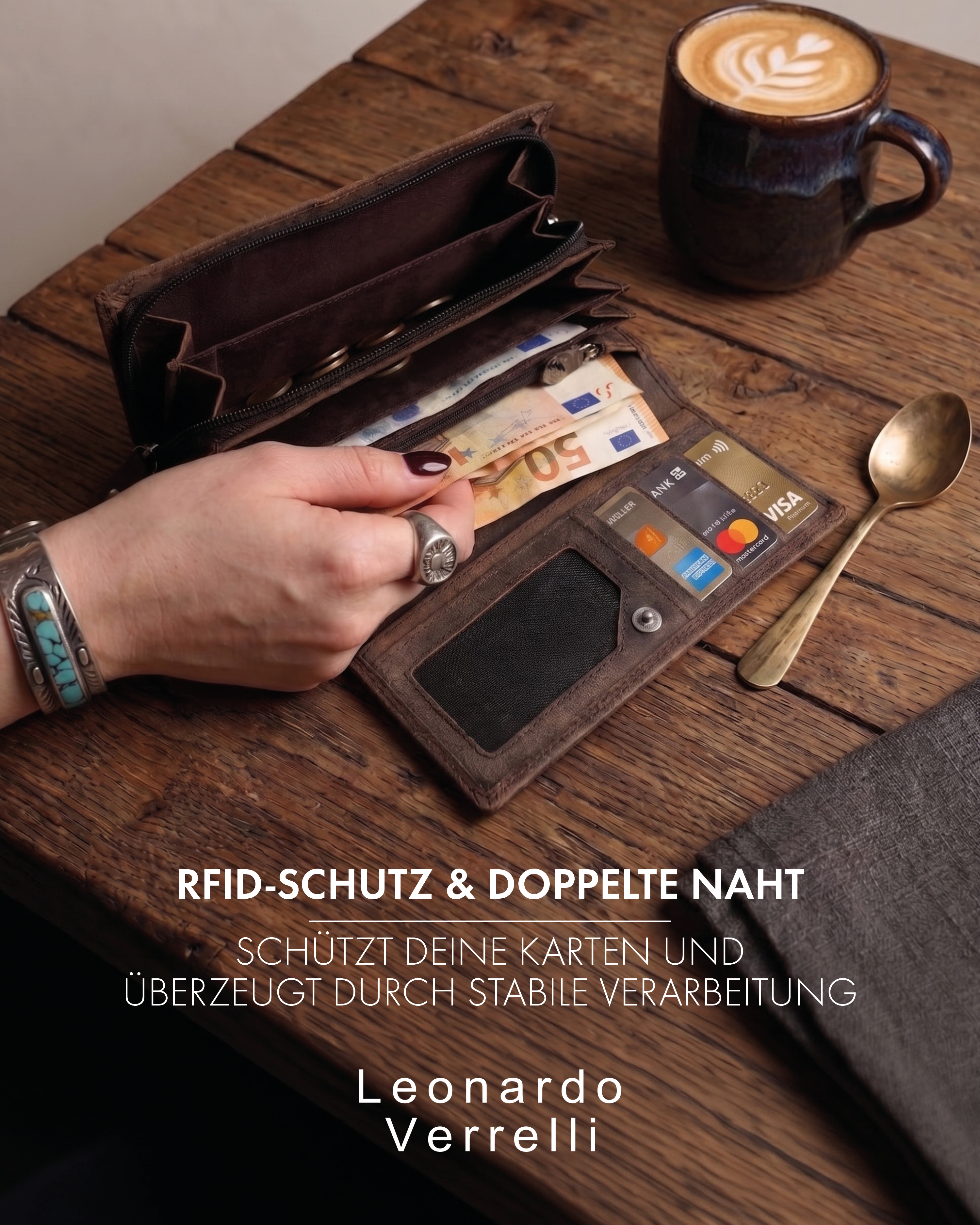 Leonardo Verrelli Echtleder (Hunter) Damen Geldbörse, Querformat, RFID, dunkelbraun