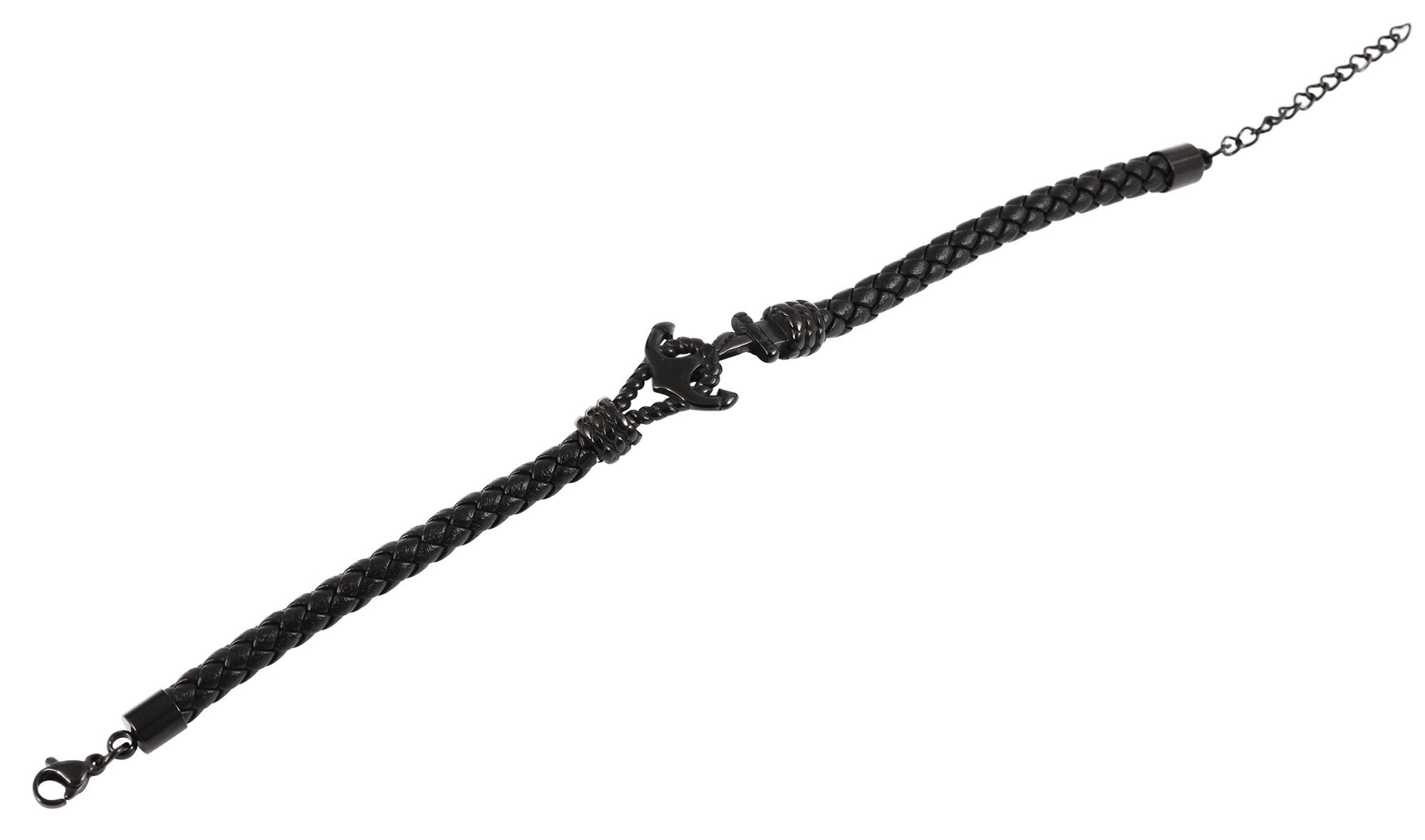 Akzent Echtlederarmband mit Edelstahlelement Anker, schwarz/schwarz