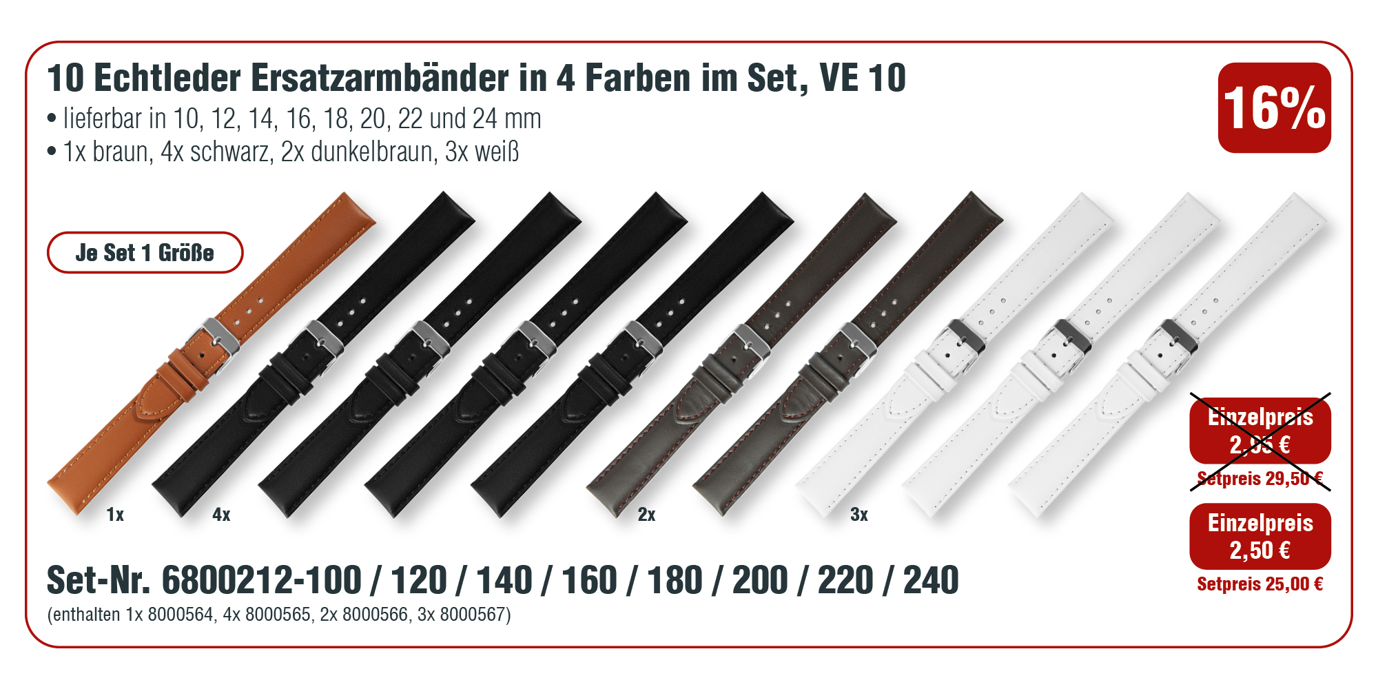 10  Echt Leder Ersatzuhrenarmbänder in 4 Farben im Set, VE 10