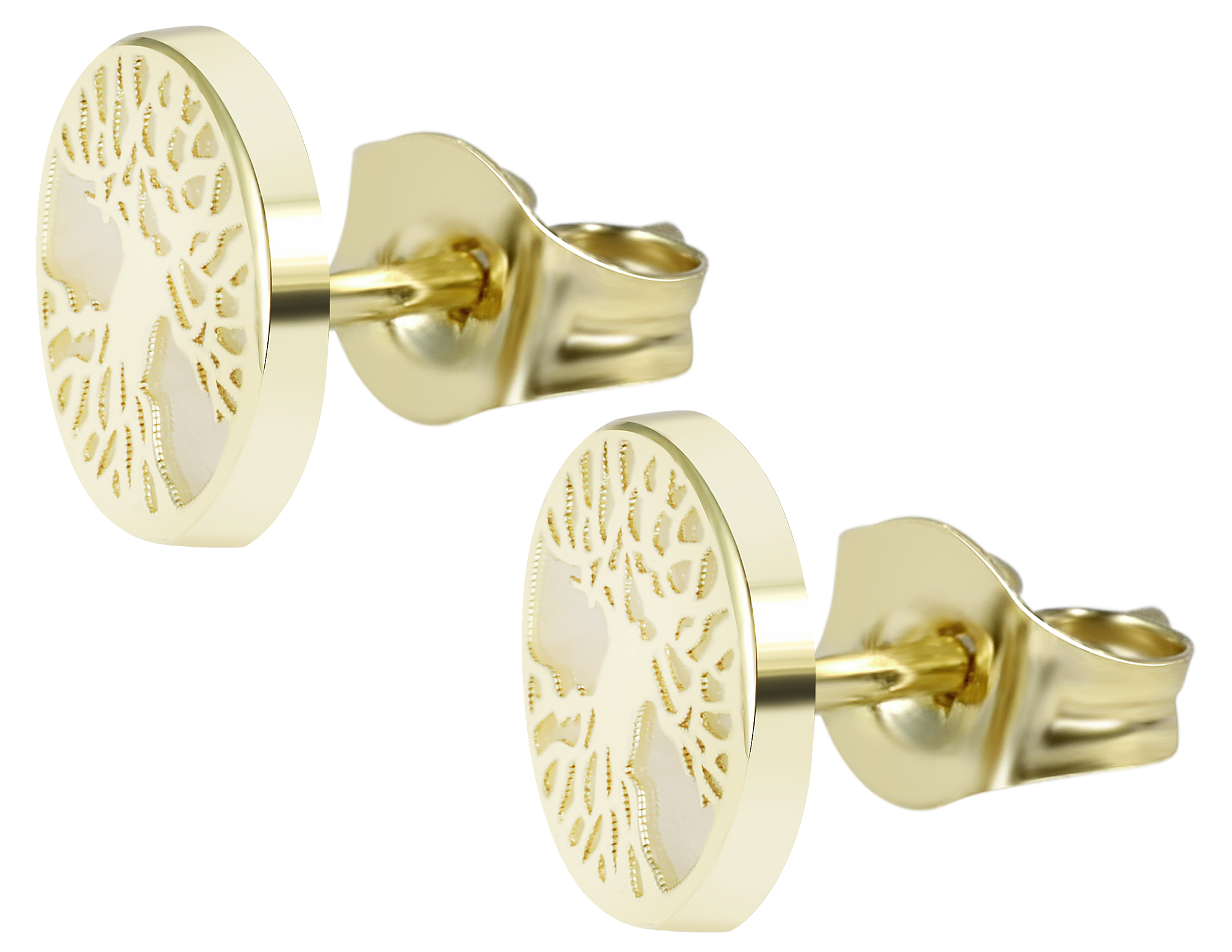 333/- Gold Ohrstecker, rund, Lebensbaum, Perlmutt, Gelbgold, 8 Karat