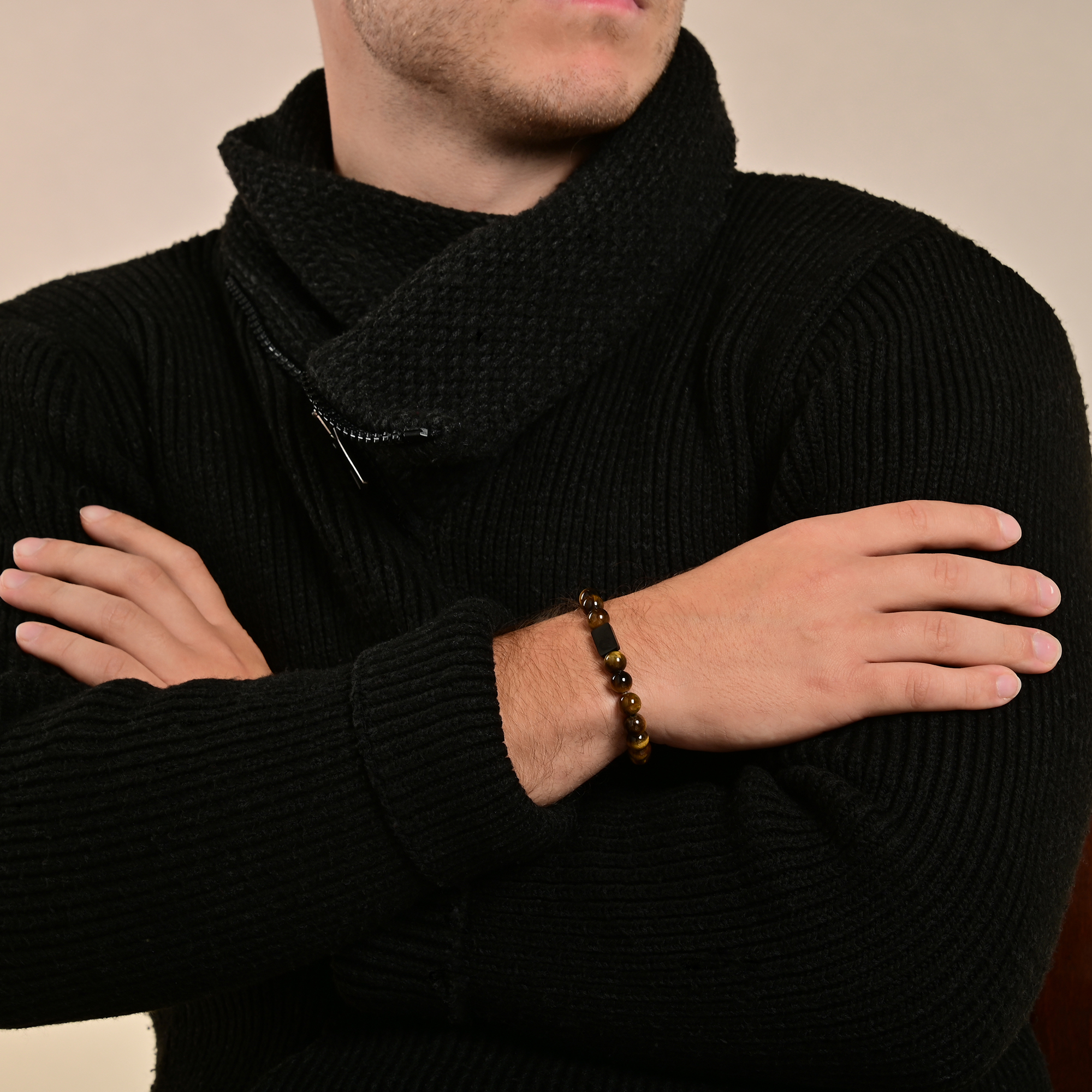 "Jareth" Akzent Kugelarmband, Naturstein (Tigerauge), personalisierbar, schwarz