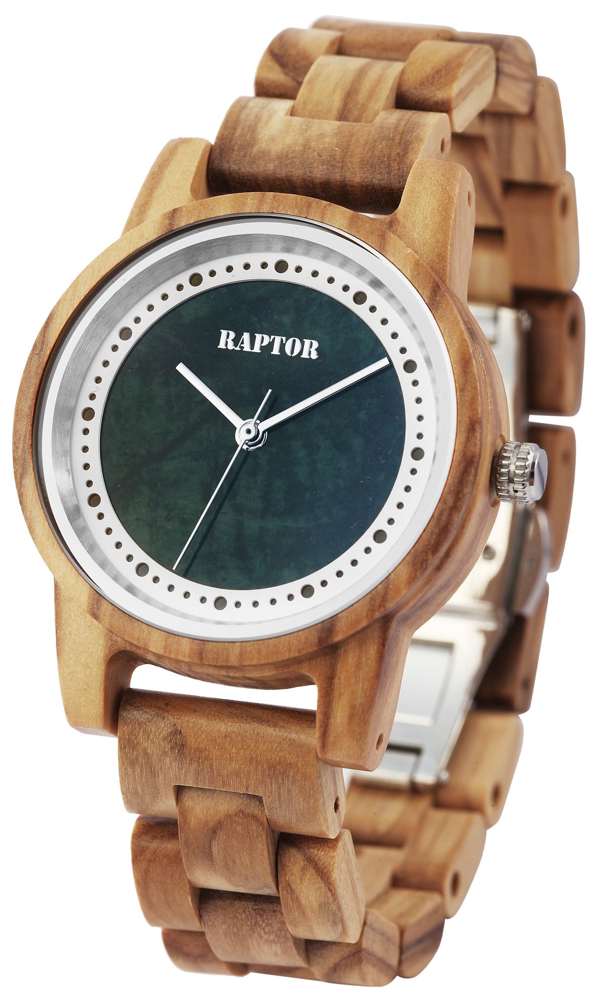 Raptor Damenarmbanduhr "Rock Nature" aus Olivenholz, Zifferblatt türkiser Marmor