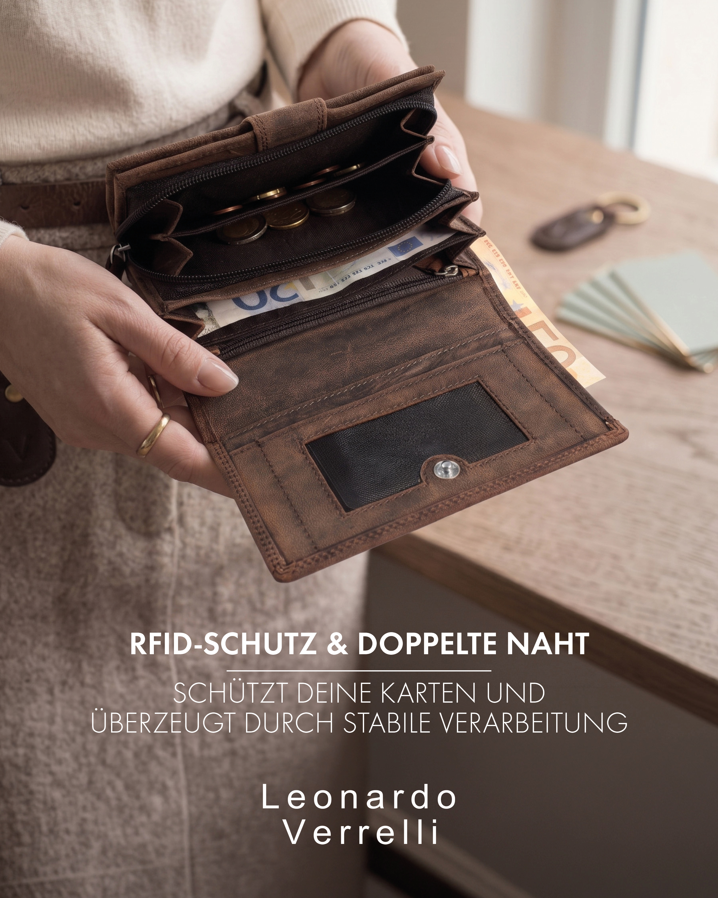 Leonardo Verrelli Echtleder (Hunter) Damen Geldbörse, Querformat, RFID, dunkelbraun
