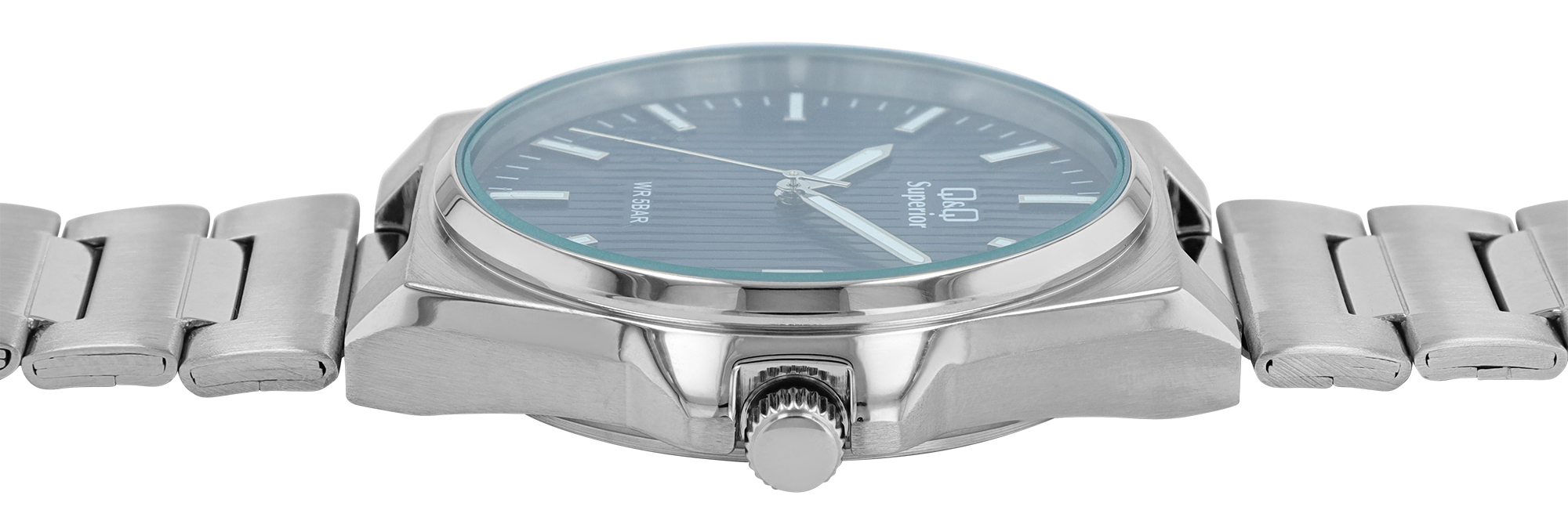Q&Q Superior Herrenuhr Ø 40 mm, Edelstahlgehäuse, Edelstahlband, silberfarben/blau