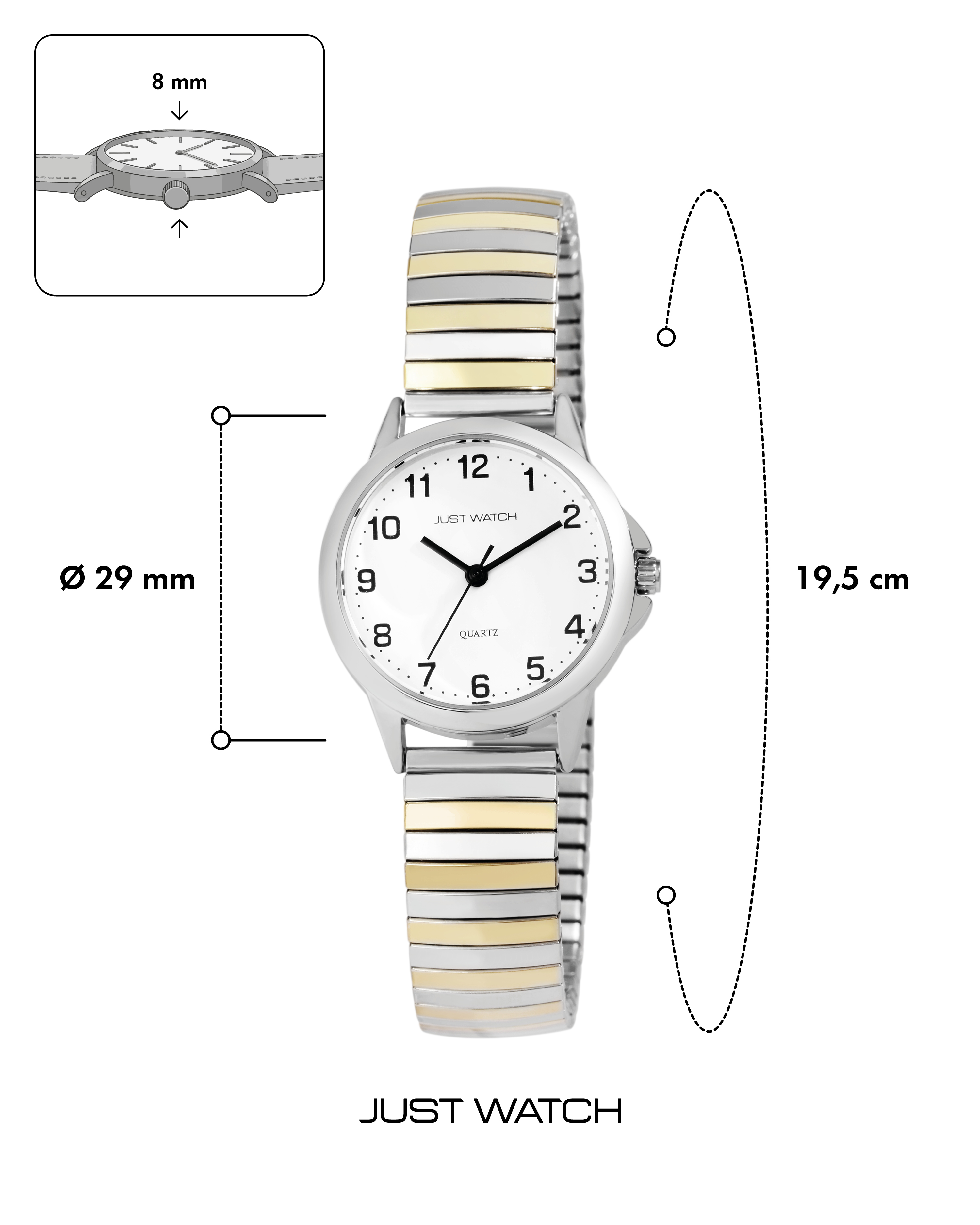 JUST WATCH "Angelique" Damenuhr Ø 29 mm Edelstahlzugband, bicolor/ weiß