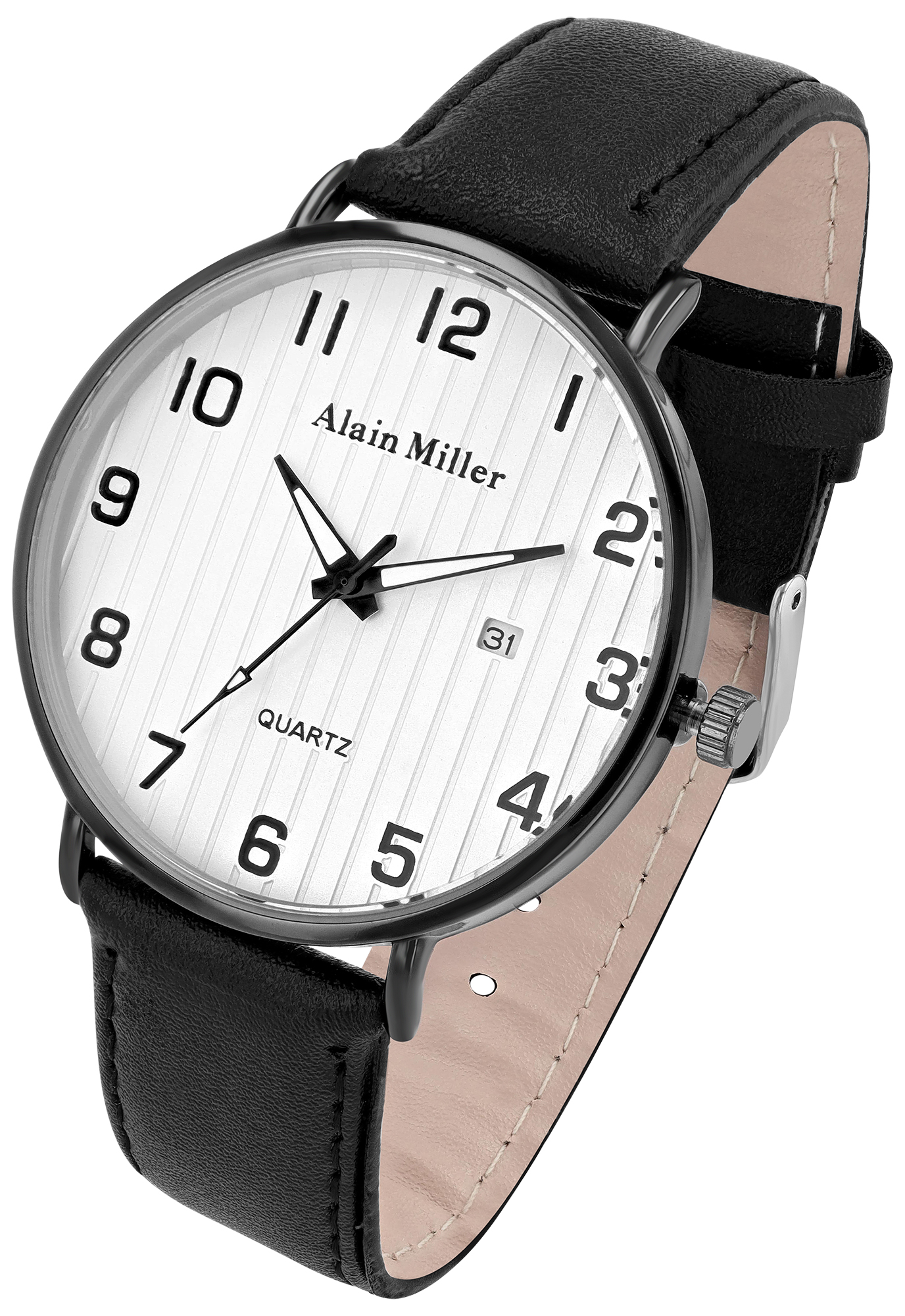 Alain Miller, Herrenuhr, Metall/Edelstahl, Lederimitatband, schwarz/weiß, Ø 42 mm
