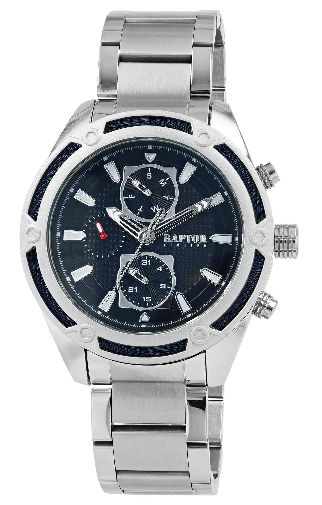 Raptor Limited Herrenuhr "Maher" mit Edelstahlarmband und Multifunktionsanzeige, silberfarben/schwarz