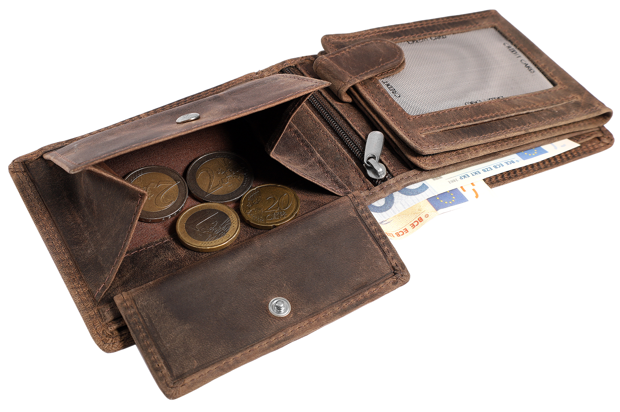 Akzent Echt Leder (Hunter-Leder) Geldbörse, RFID, Querformat, "Fischer/ Angler", braun