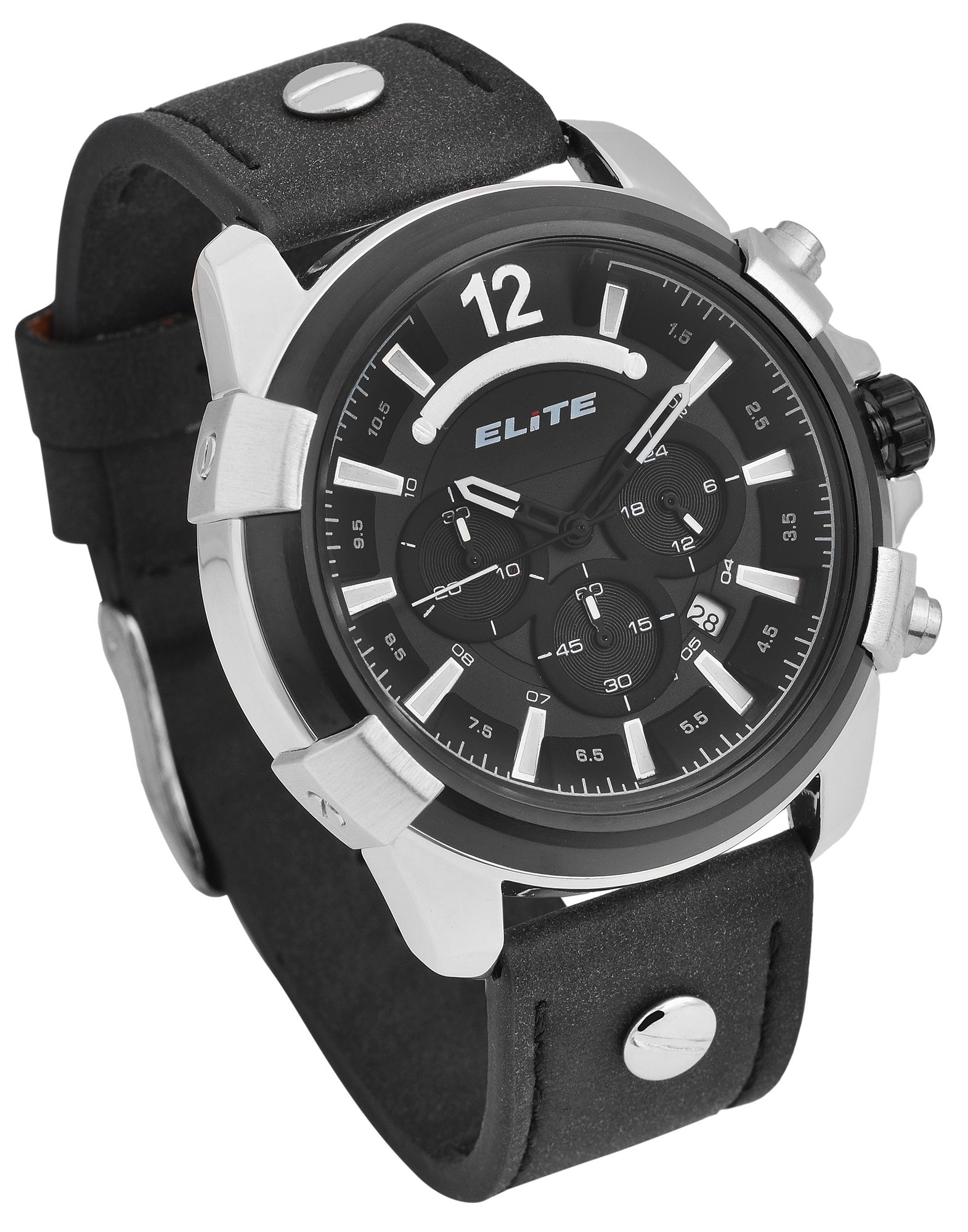 Elite Herren Chronograph mit Lederimitationsband, 3ATM, Schwarz/ silberfarbig