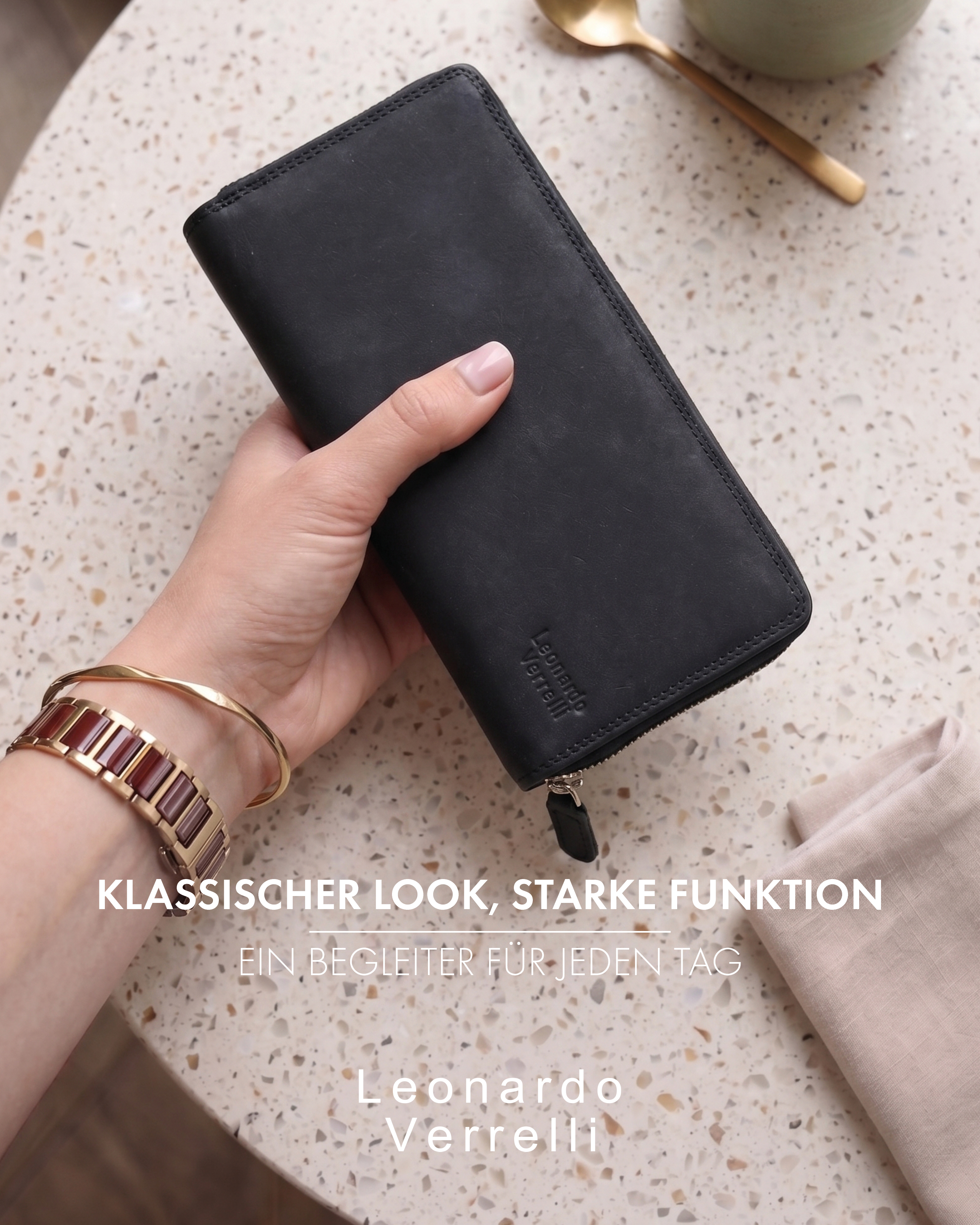 Leonardo Verrelli Echtleder (Hunter) Damen Geldbörse, Querformat, RFID, schwarz