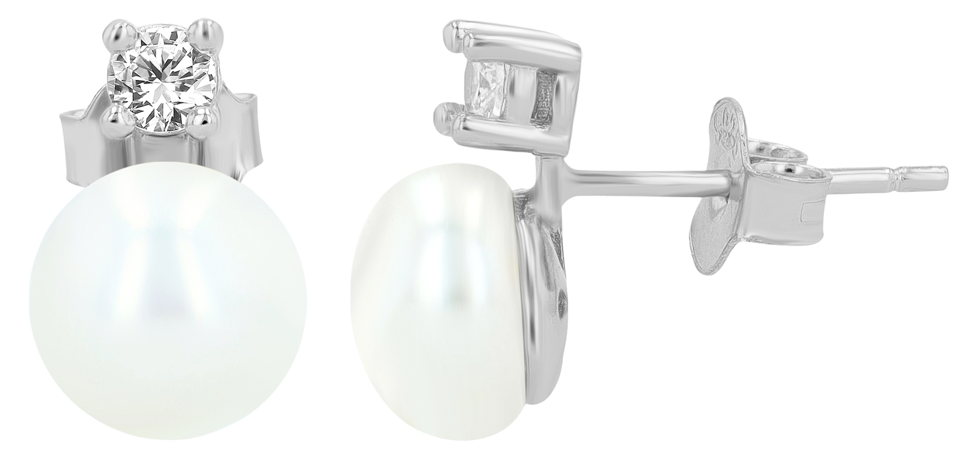 "Almi" 925/- Echt Silber Ohrstecker, echte Süßwasserperle Ø 8 mm/ Zirkonia, rhodiniert