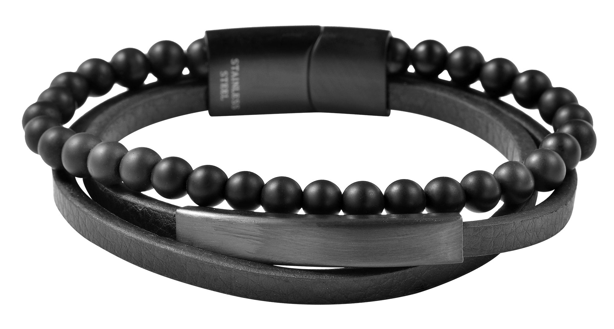 "Seza" Armband, Gravurplatte, Echt Leder/ Edelstahl/ Onyx, schwarz