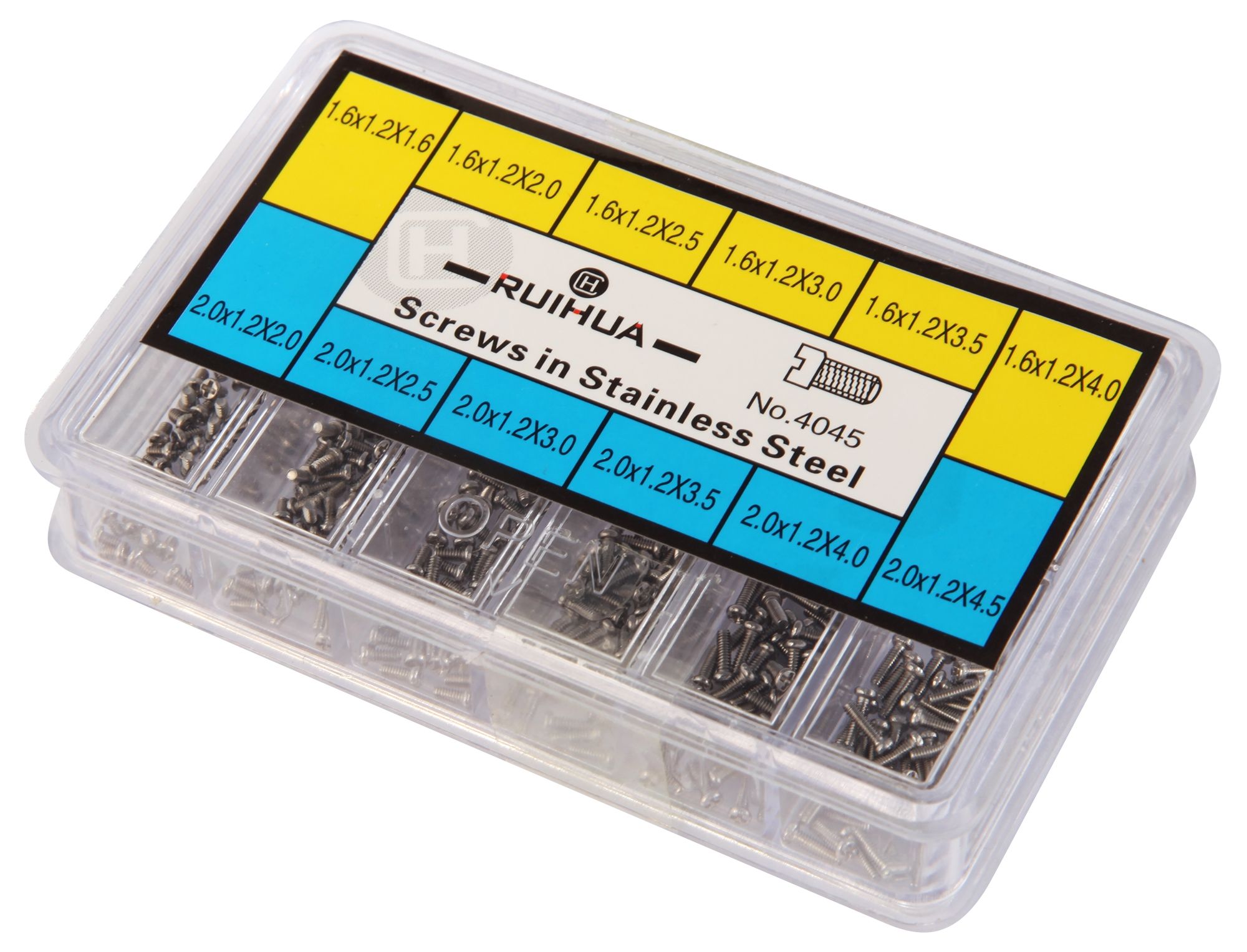 Edelstahlschraubensortiment für Uhren & Schmuck – 12 Größen, Gewindestärke 1,2 mm/ Länge 1,6 mm - 4,5 mm