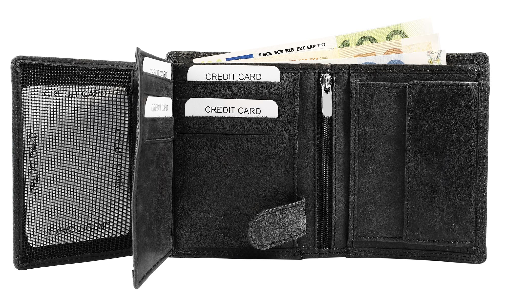 Akzent Echt Leder (Hunter-Leder) Geldbörse, RFID, Hochformat, "Adler", schwarz