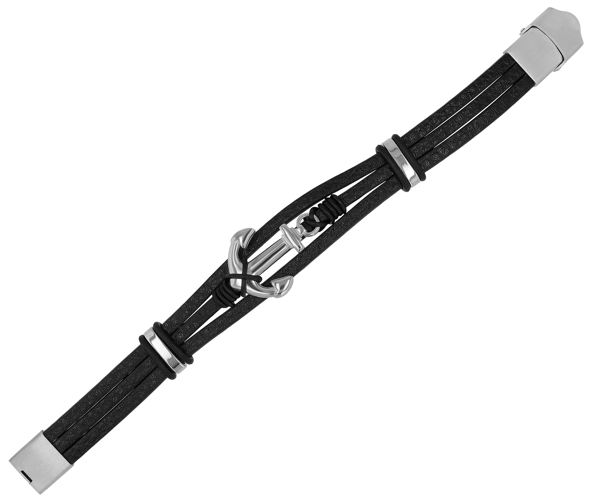 "Baltur", Akzent Lederarmband, Edelstahl Anker, schwarz/silberfarben, 22 cm