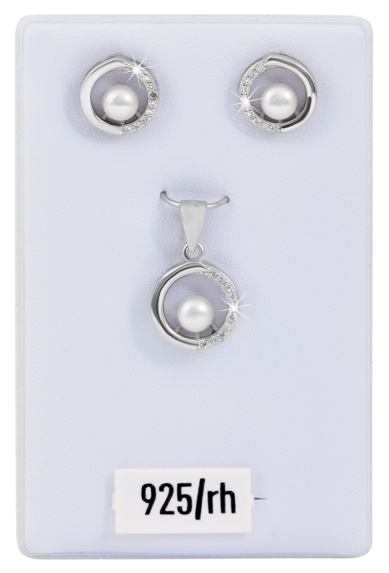 925/- Echt Silber Perlen Schmuckset Anhänger "Ediesa", Ohrstecker rund mit Zirkonia