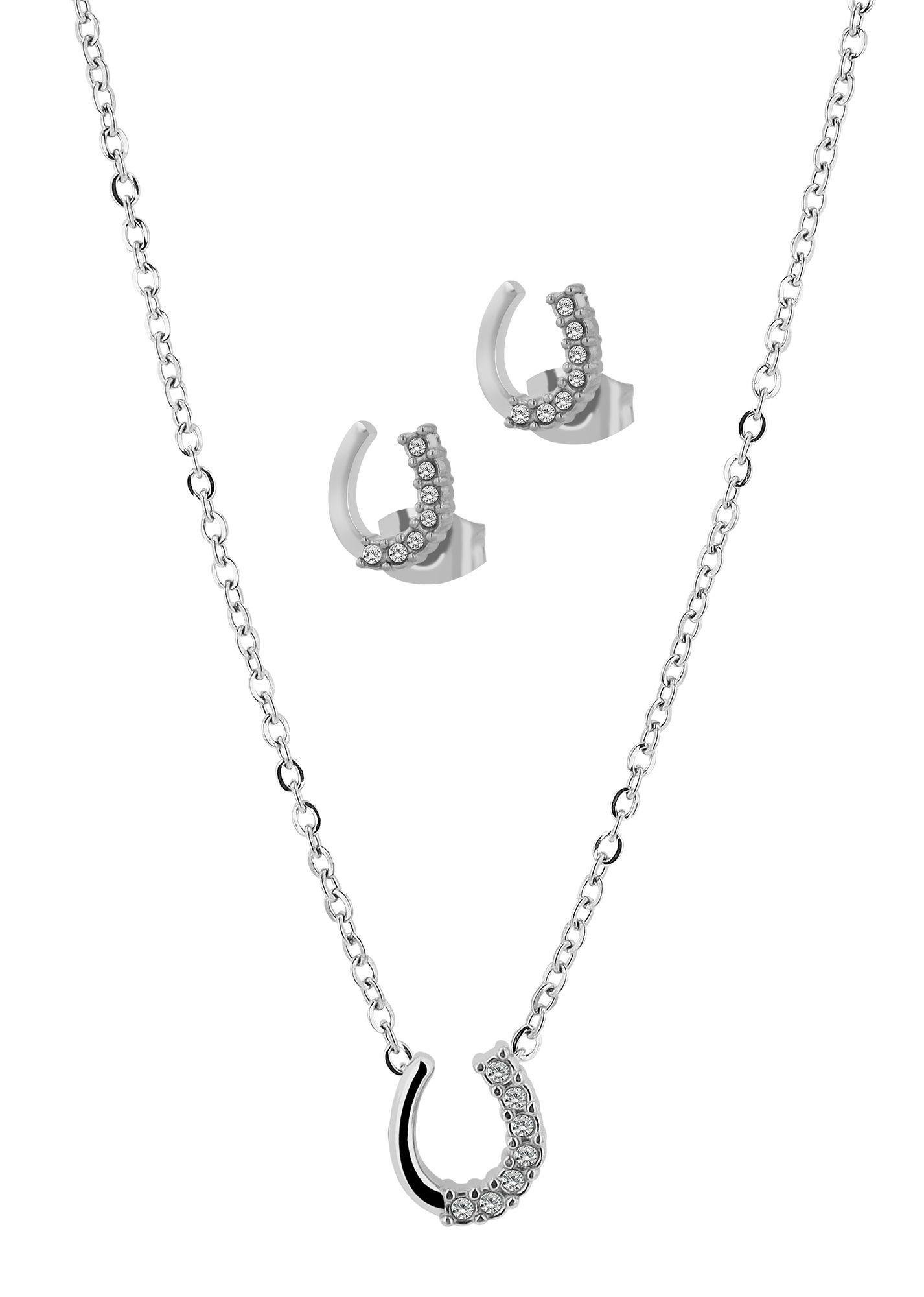 Akzent Hufeisen-Schmuckset aus Edelstahl, Kette & Ohrstecker, silberfarben