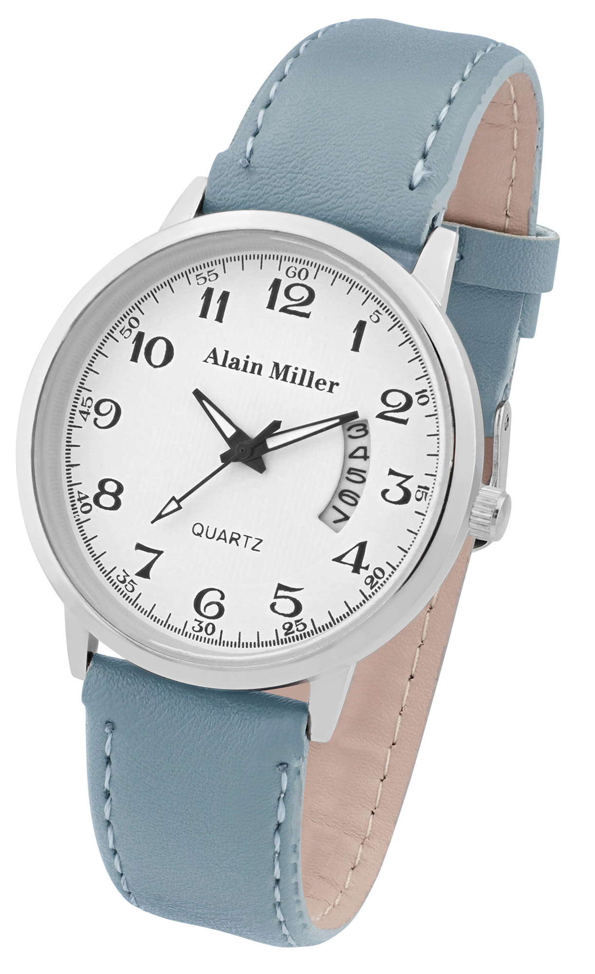 Alain Miller Herrenuhr mit Lederimitatband, Ø 40 mm, hellblau/ weiß