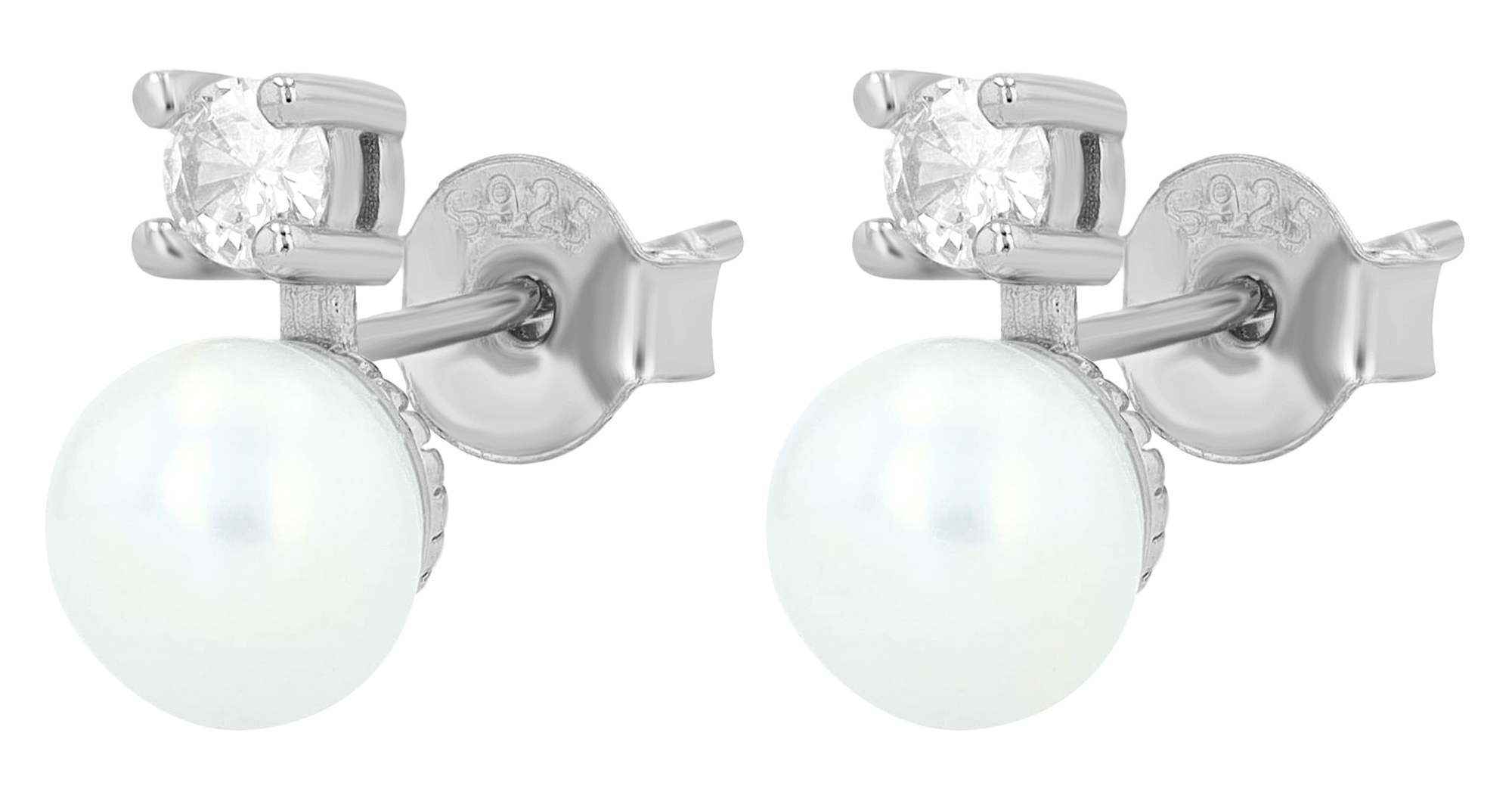 "Alma" 925/- Echt Silber Ohrstecker - echte Süßwasserperle (6mm)/ Zirkonia, rhodiniert