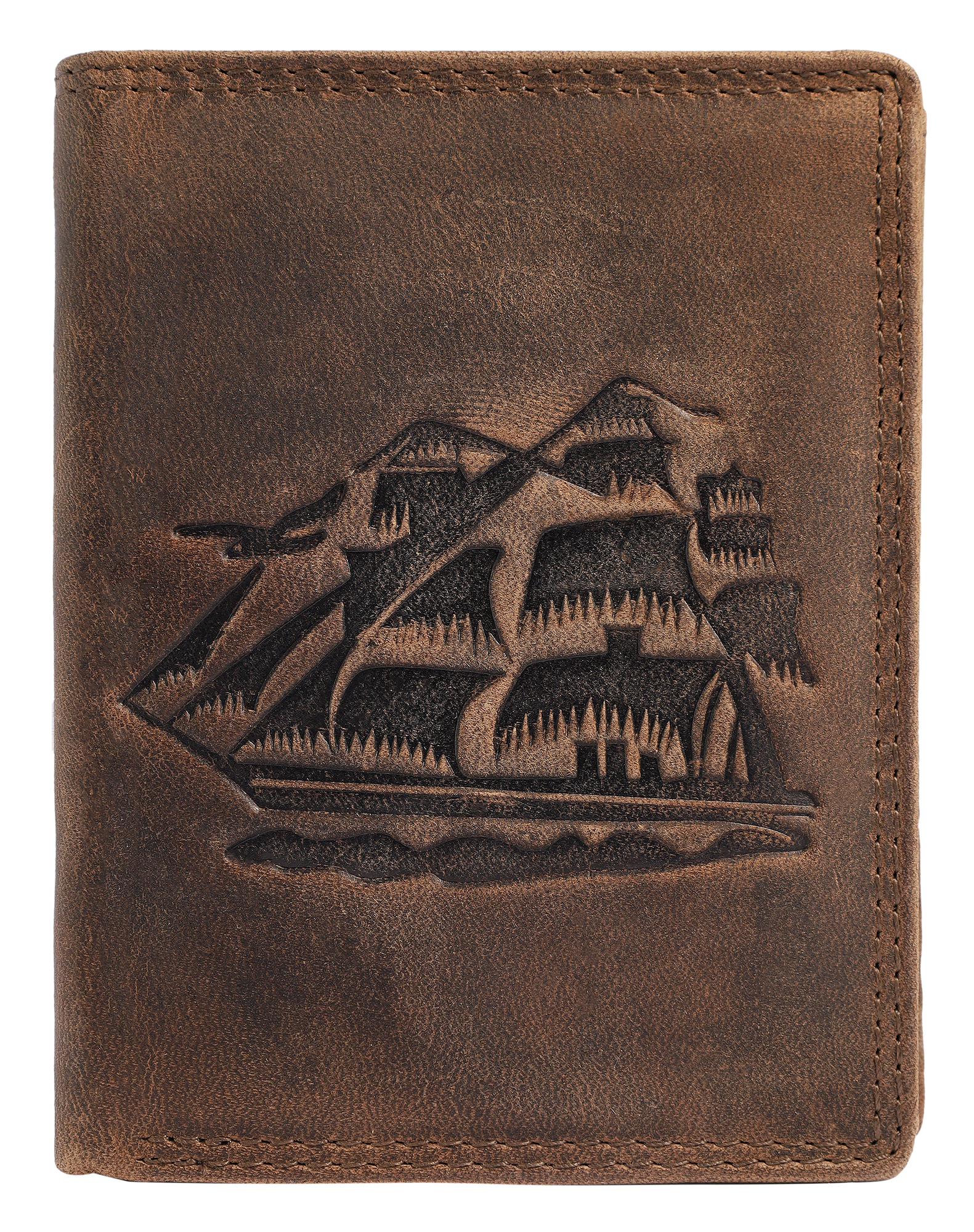 Akzent Echt Leder (Hunter-Leder) Geldbörse, RFID, Hochformat, "Segelschiff", braun