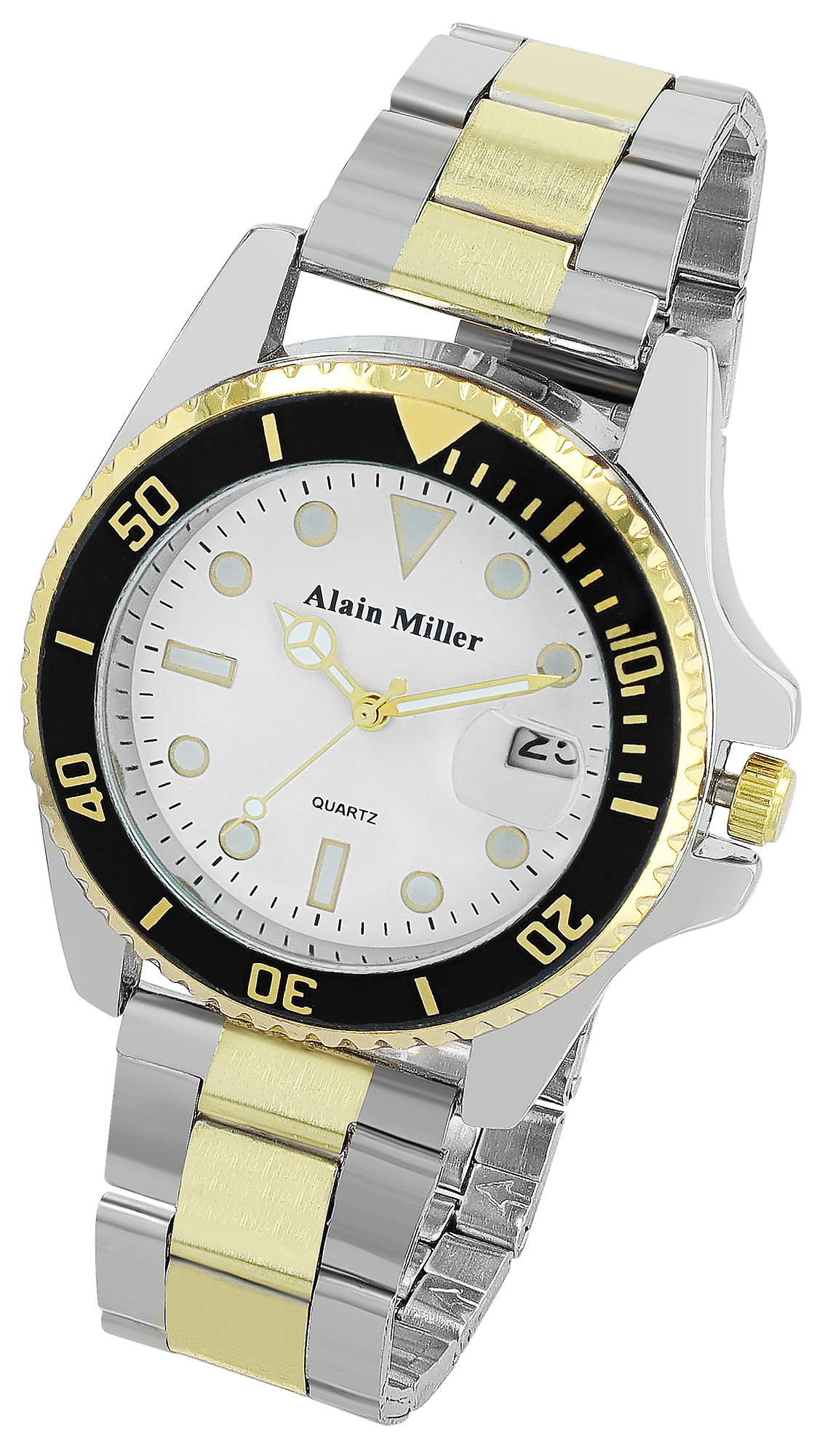 Alain Miller Herrenuhr mit Edelstahlarmband, Ø 39 mm, bicolor/ schwarz/ weiß
