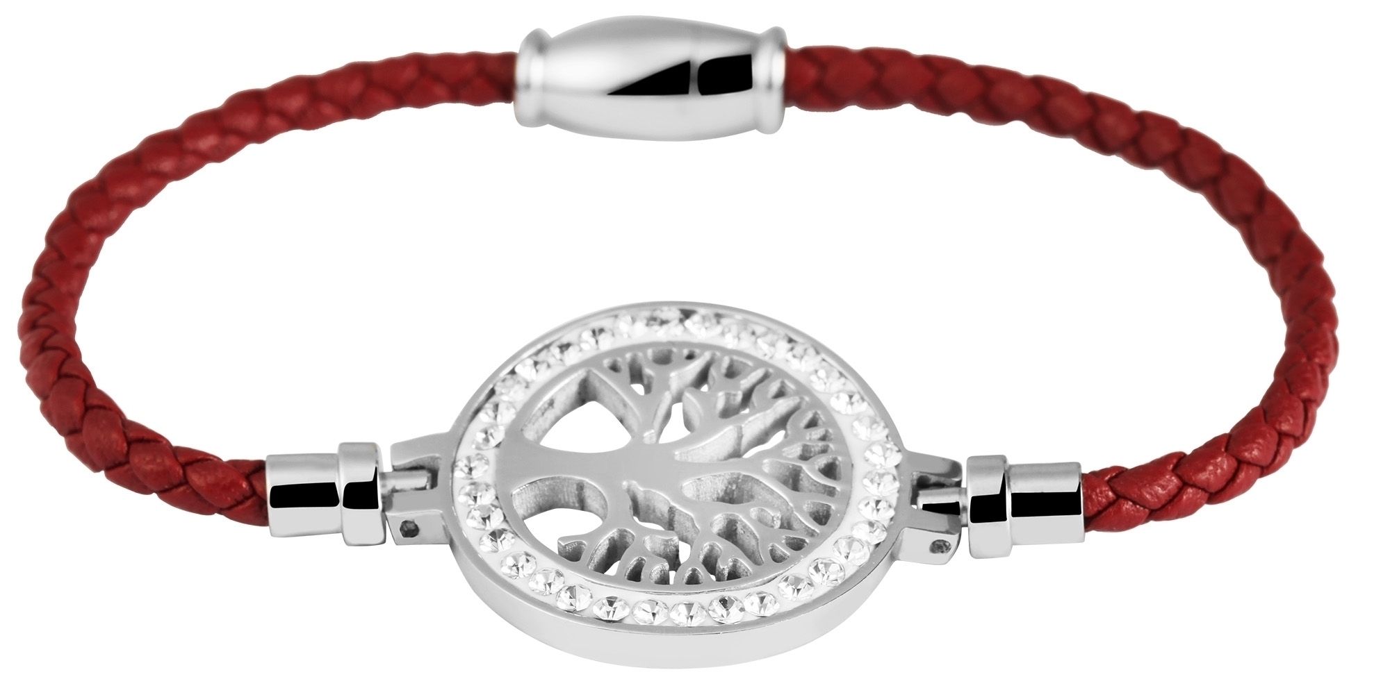 Akzent Armband aus Lederimitat, geflochten mit Edelstahlelement Lebensbaum, rot/silberfarben