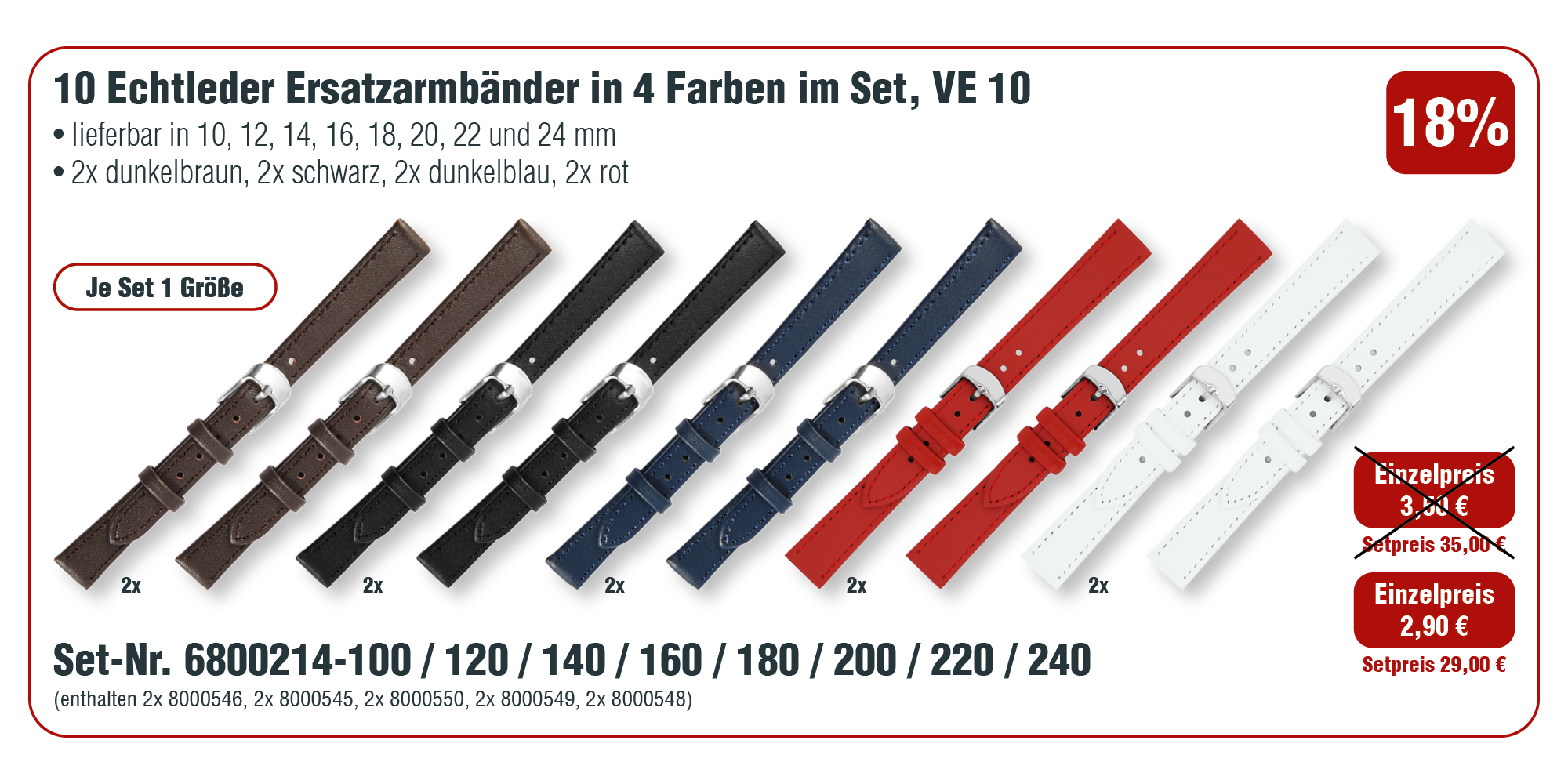 10  Echt Leder Ersatzuhrenarmbänder in 4 Farben im Set, VE 10