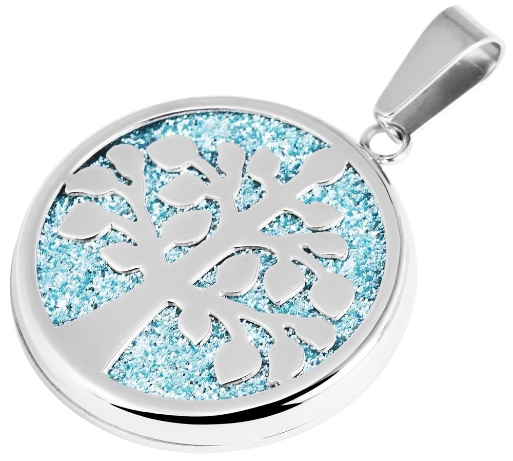 "Baldrun" Akzent Edelstahlanhänger, Lebensbaum mit hellblauer Glitzerschicht, sillberfarben