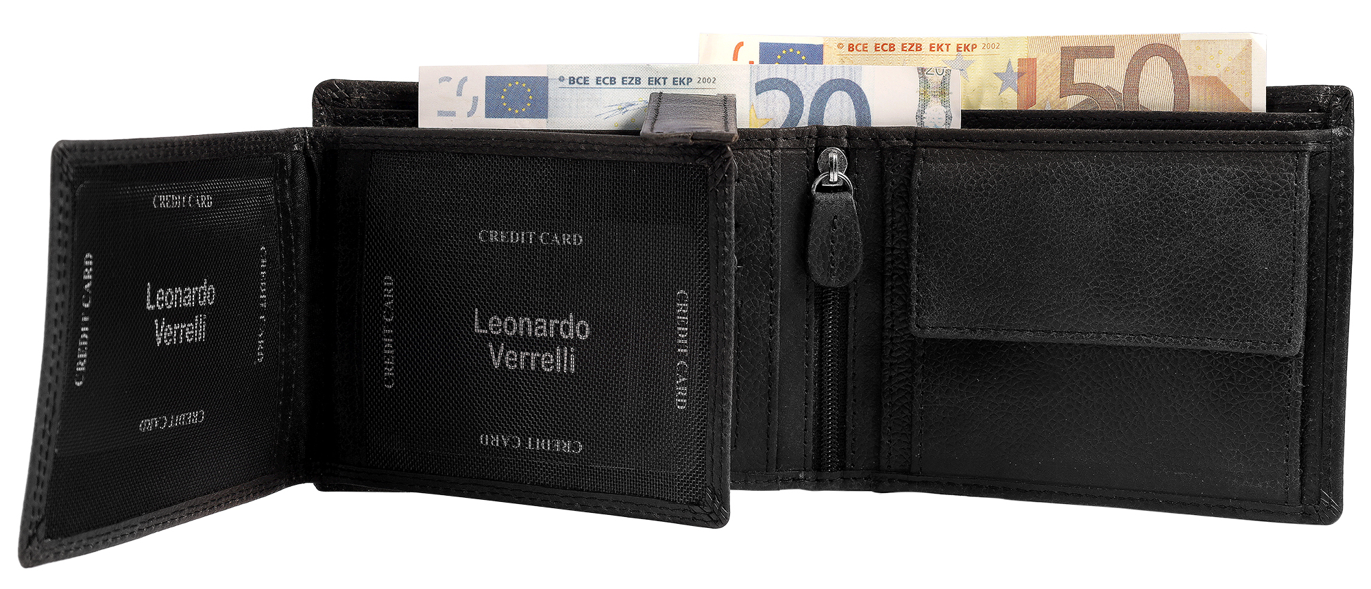Leonardo Verrelli, Echtleder (Distressed Hunter) Geldbörse, RFID, Querformat, schwarz