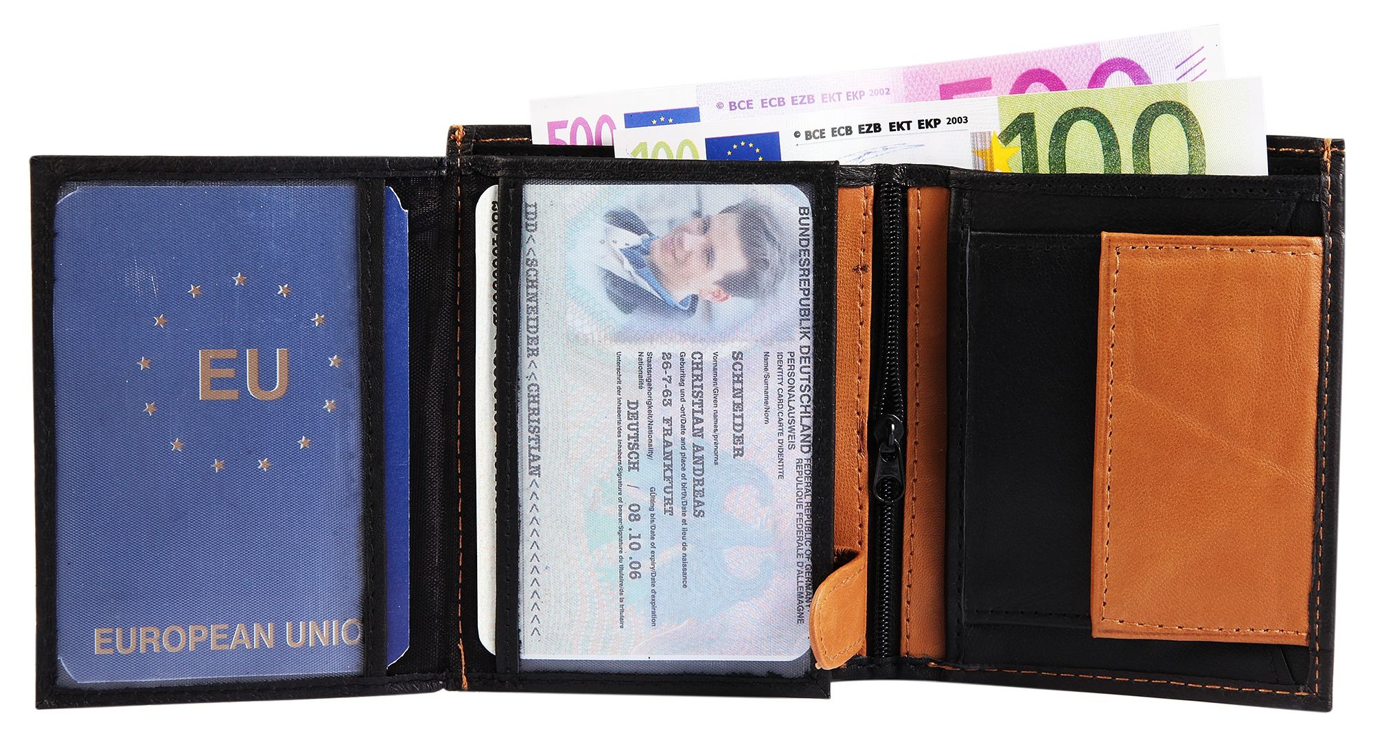 Steinmeister Herrengeldbörse aus Echtleder, Hochformat, schwarz/hellbraun