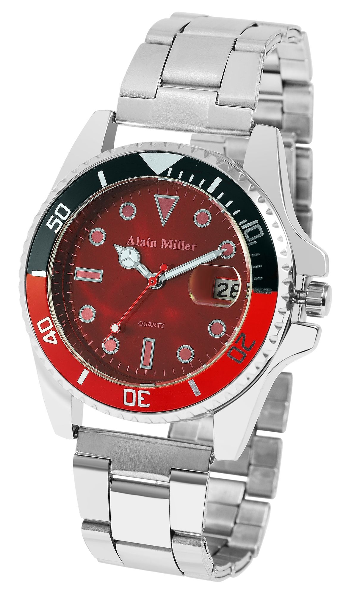 Alain Miller Herrenuhr mit Edelstahlarmband, Ø 39 mm, silberfarben/ rot/ schwarz