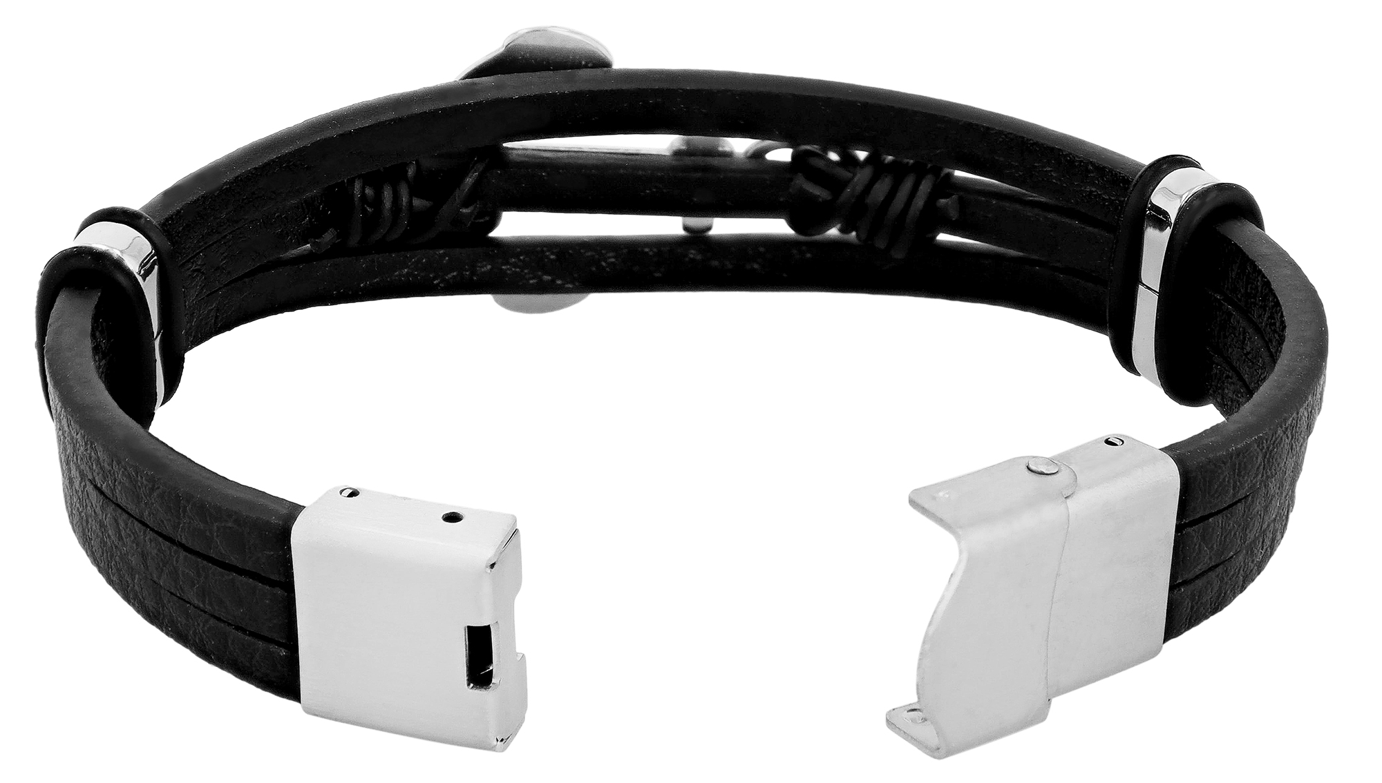 "Baltur", Akzent Lederarmband, Edelstahl Anker, schwarz/silberfarben, 22 cm