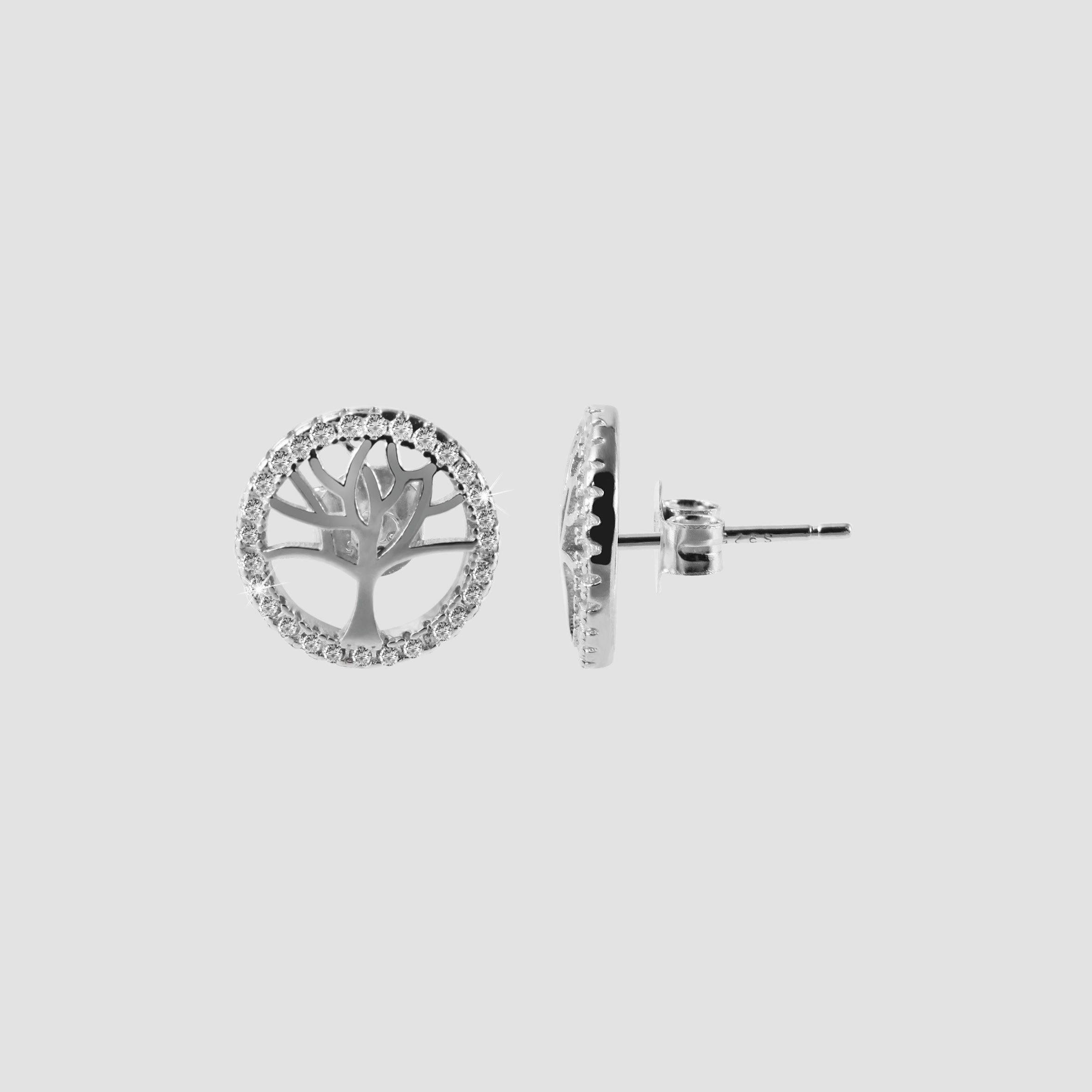 925/- Echt Silber Ohrstecker "Barbara" mit Lebensbaummotiv und Zirkoniabesatz, 925/rhodiniert