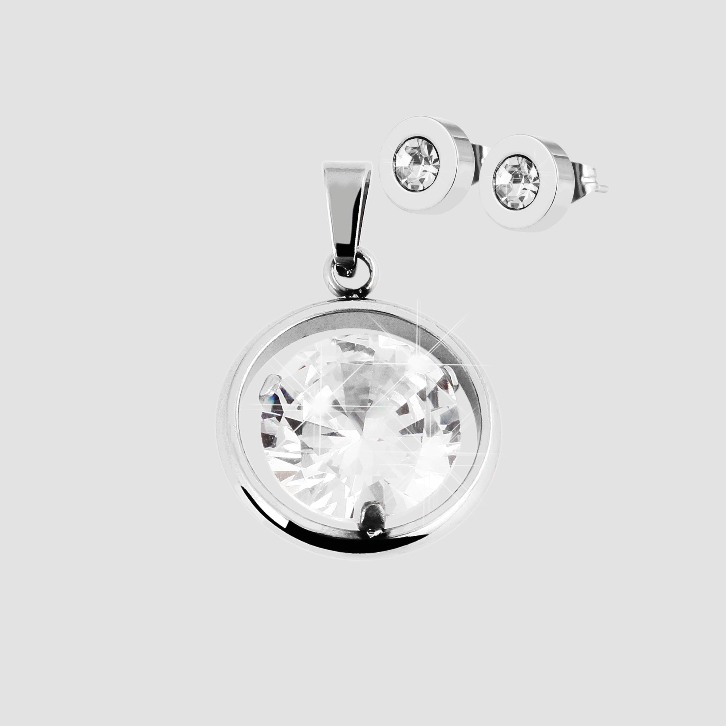 Akzent Edelstahl Schmuckset mit Stein, Anhänger + Ohrringe, silberfarbig