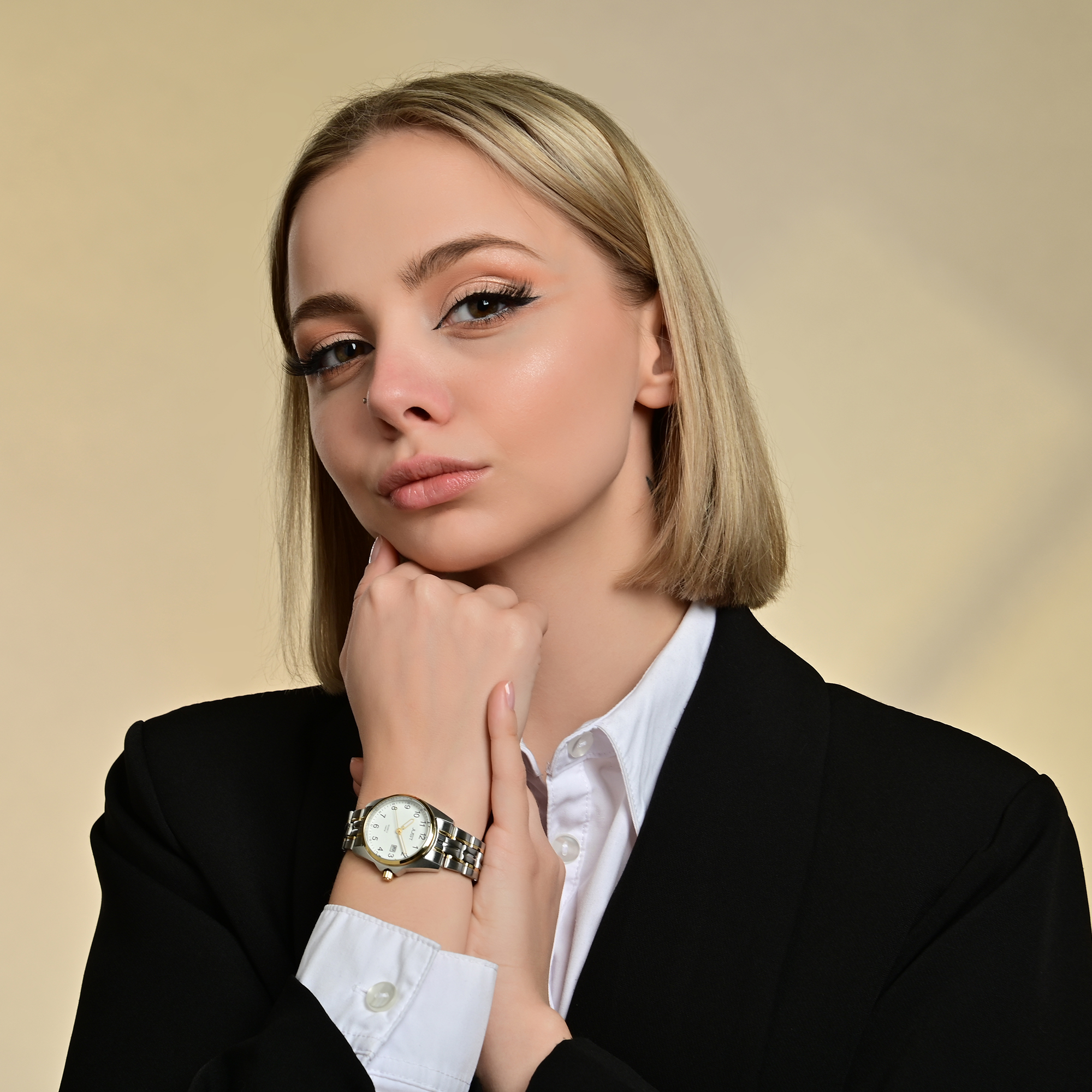 Just "Esrah" Edelstahl Damenarmbanduhr, 3-Zeiger, Datumsanzeige, bicolor, weißes ZB