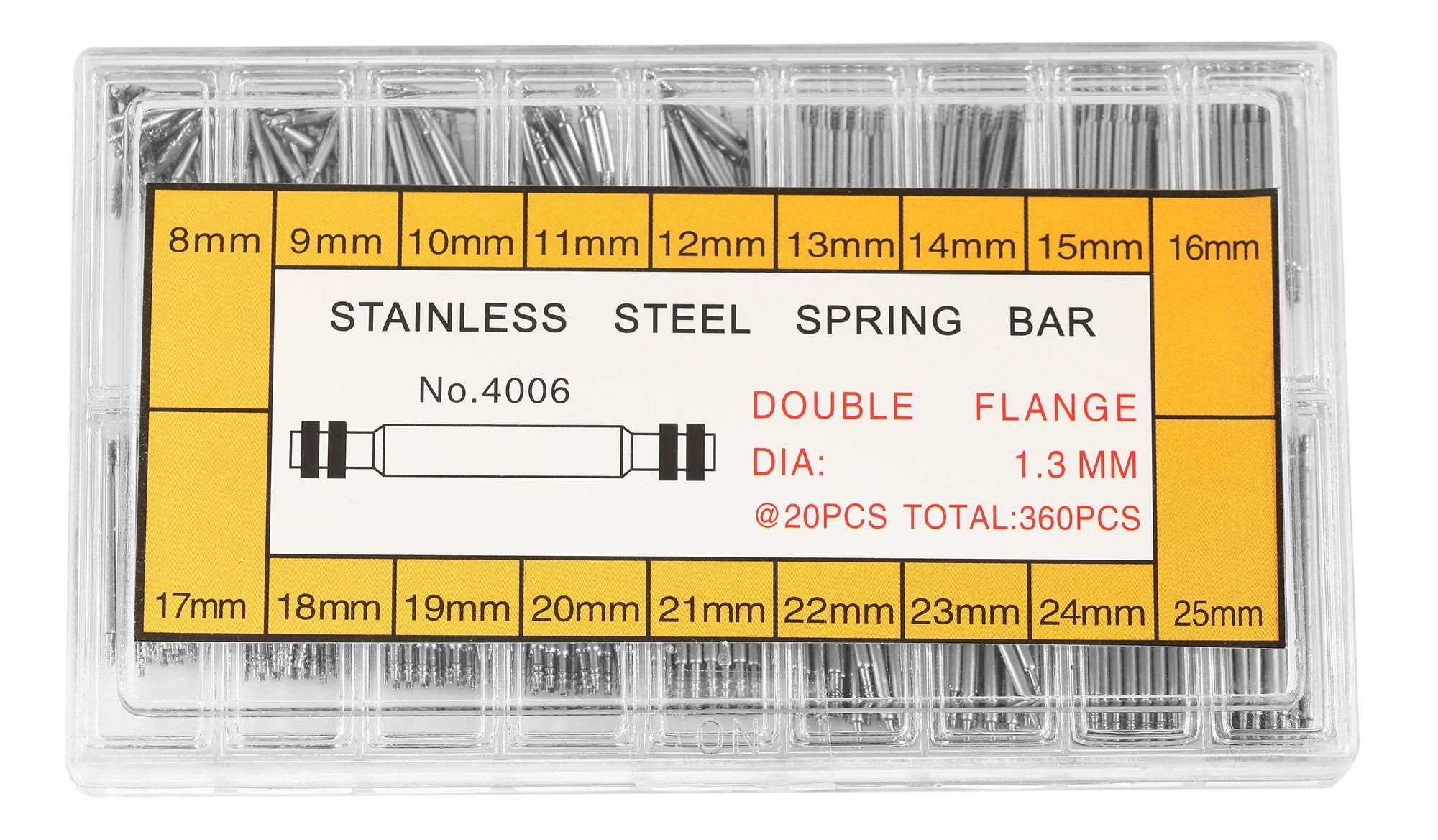 360-teiliges Federsteg-Sortiment (Ø 1,3 mm) - 8 mm bis 25 mm