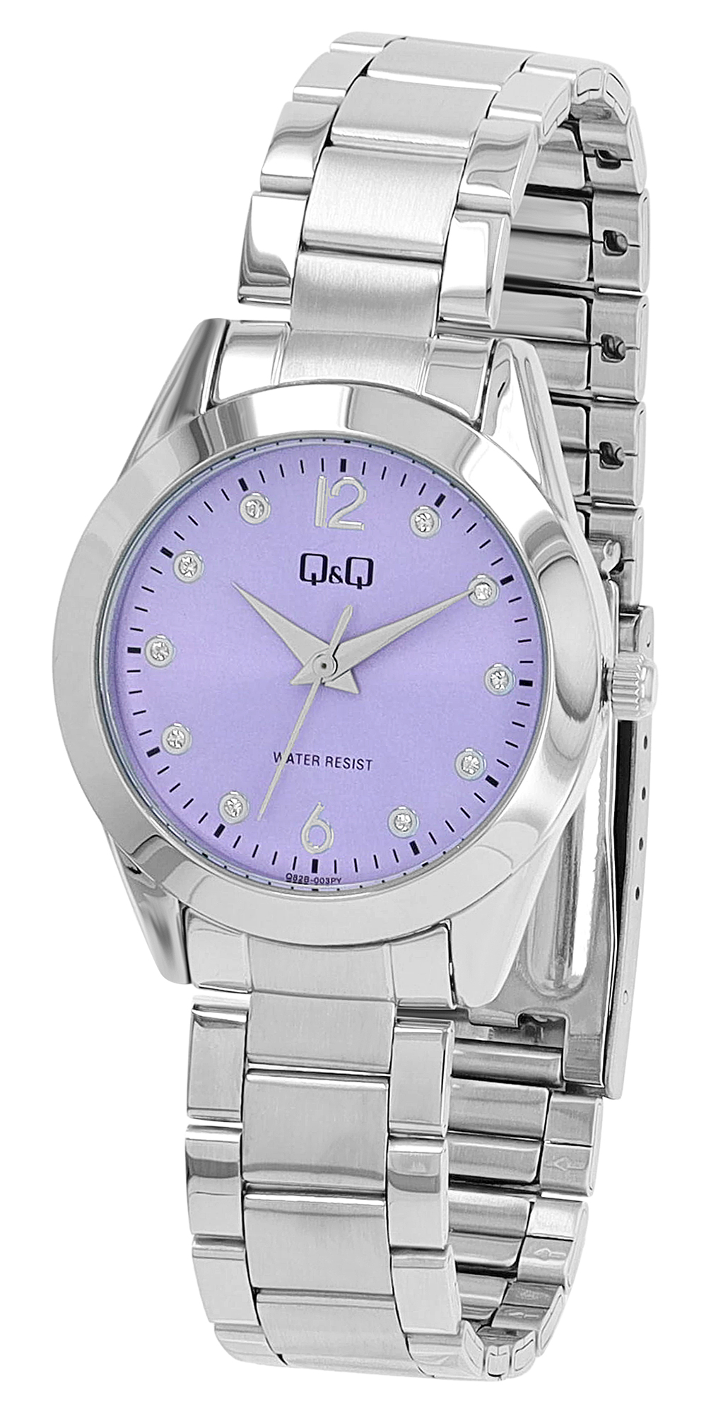 Q&Q Damenuhr mit Edelstahlband, Ø 34 mm, silberfarbe/ lila