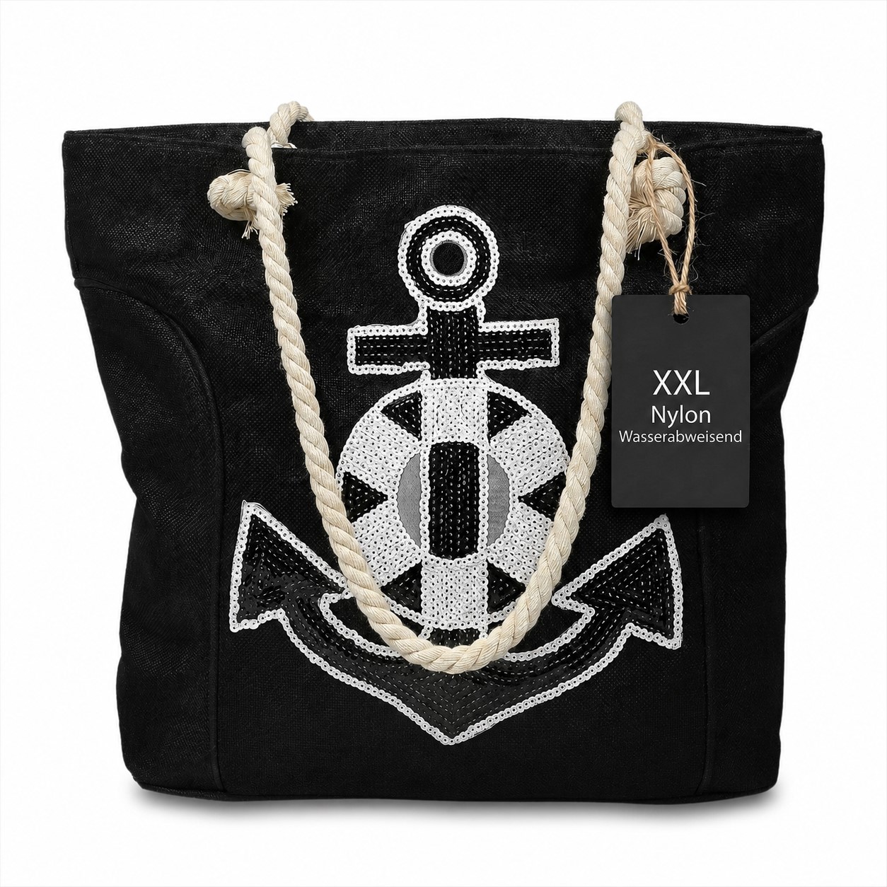Strandtasche aus Nylon, Ankermotiv aus Pailletten, schwarz