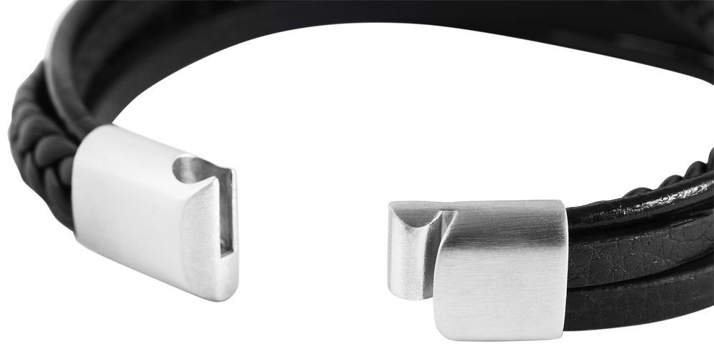 "Eddie" Akzent Echtleder/Lederimitat Armband, geflochten, schwarz, silberfarben, 22 cm