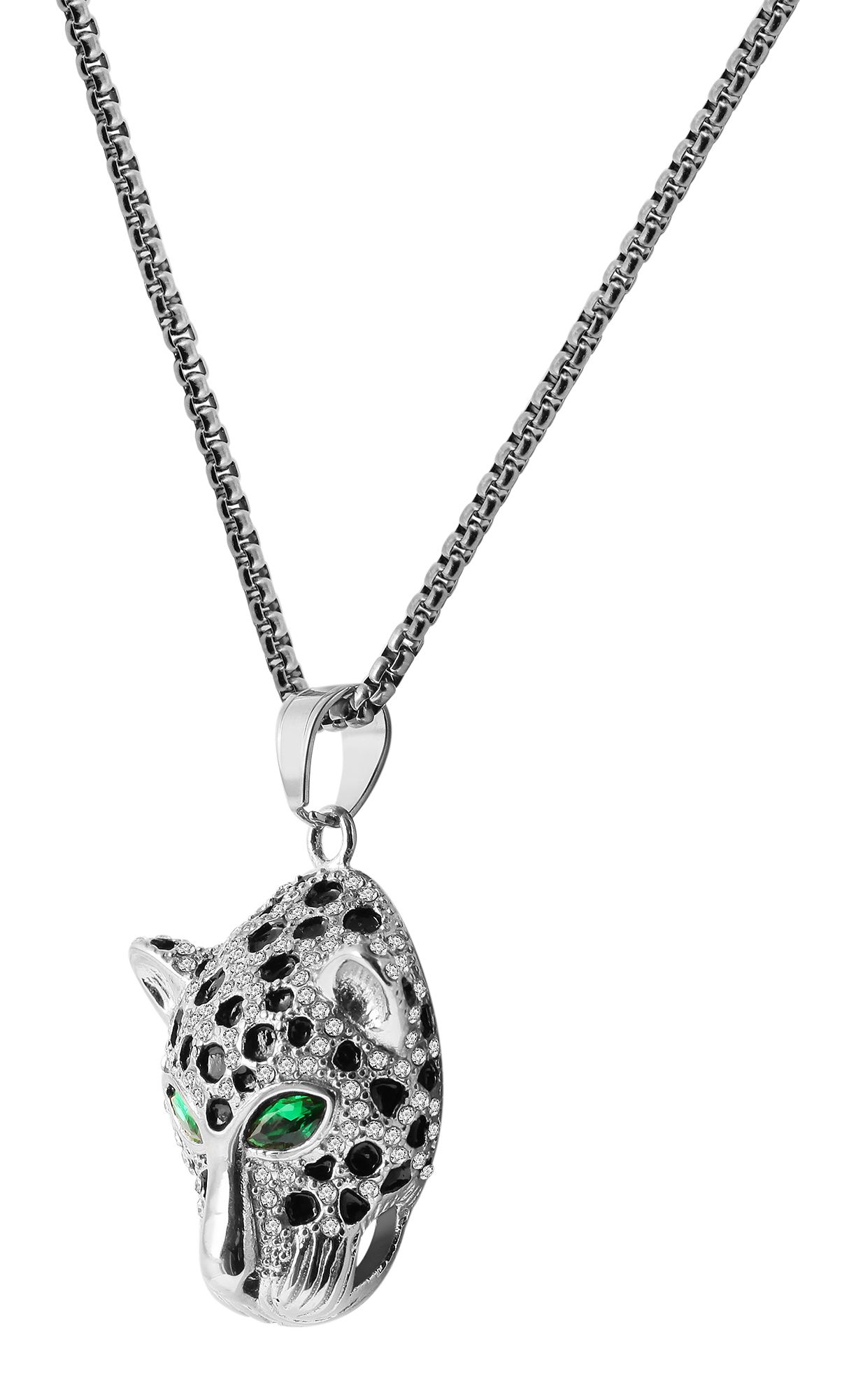 "Arunas" Edelstahl Kette mit Anhänger - Leopardenkopf, 61 cm/ 3 mm, silberfarben