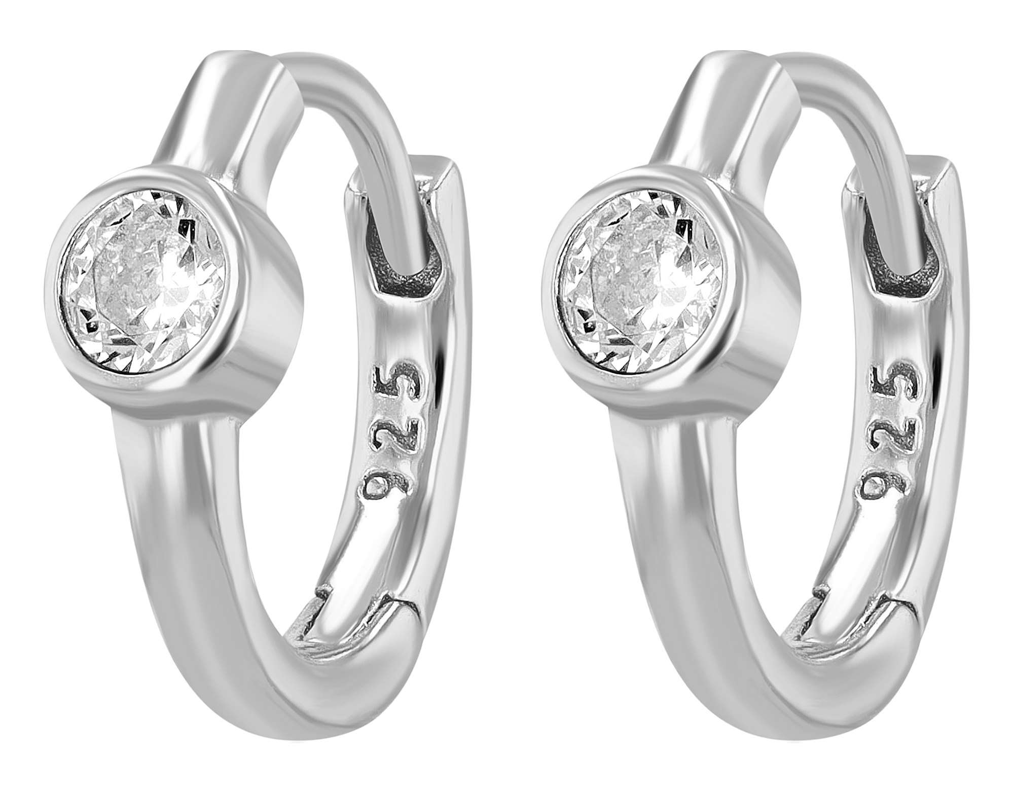 "Mexine" 925/- Echt Silber Mini Creole/ Huggie Ø 9 mm, weißen Zirkoniastein, rhodiniert