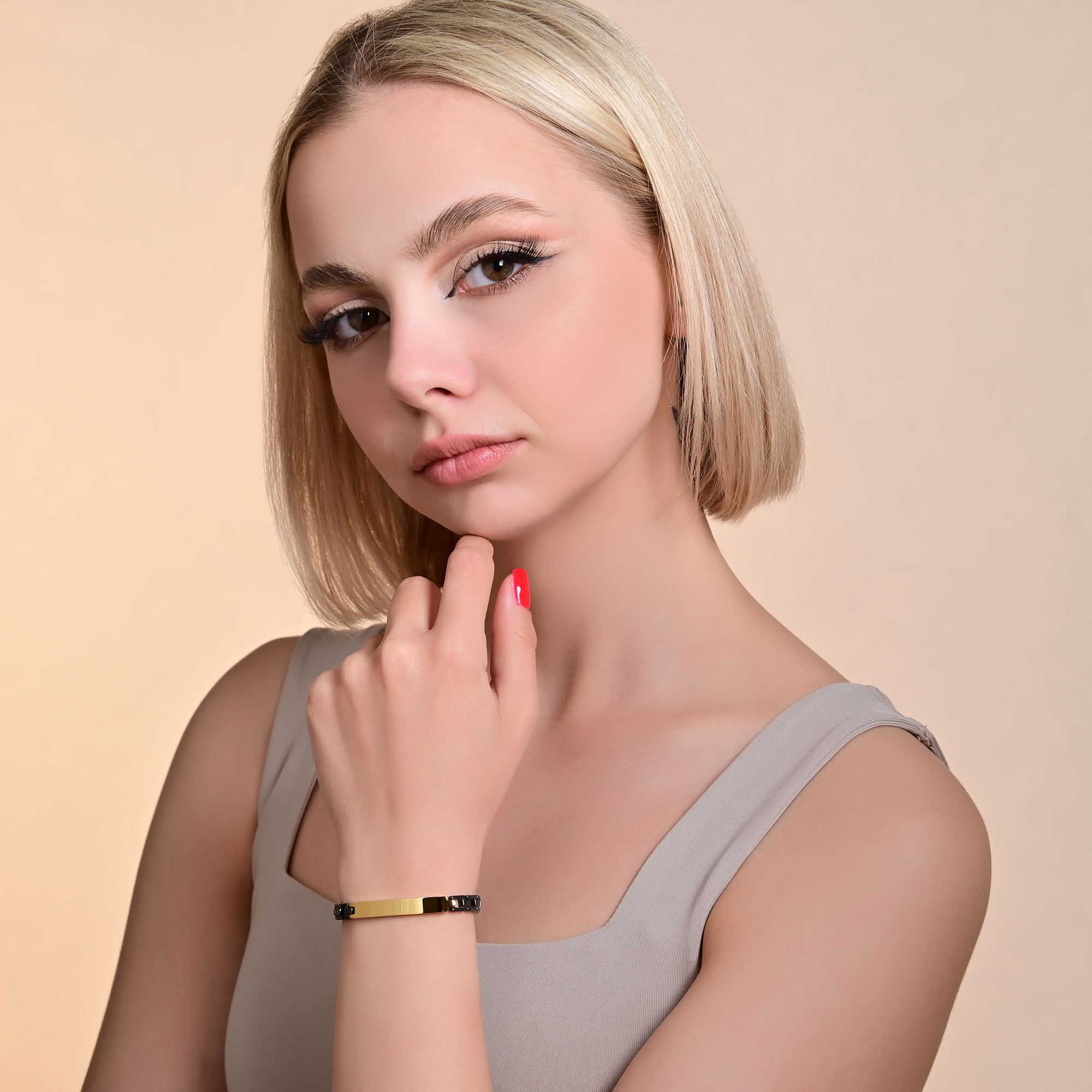 "Seoa" Edelstahl-Keramik ID-Armband, 18cm, Gravurplatte, schwarz/ goldfarben