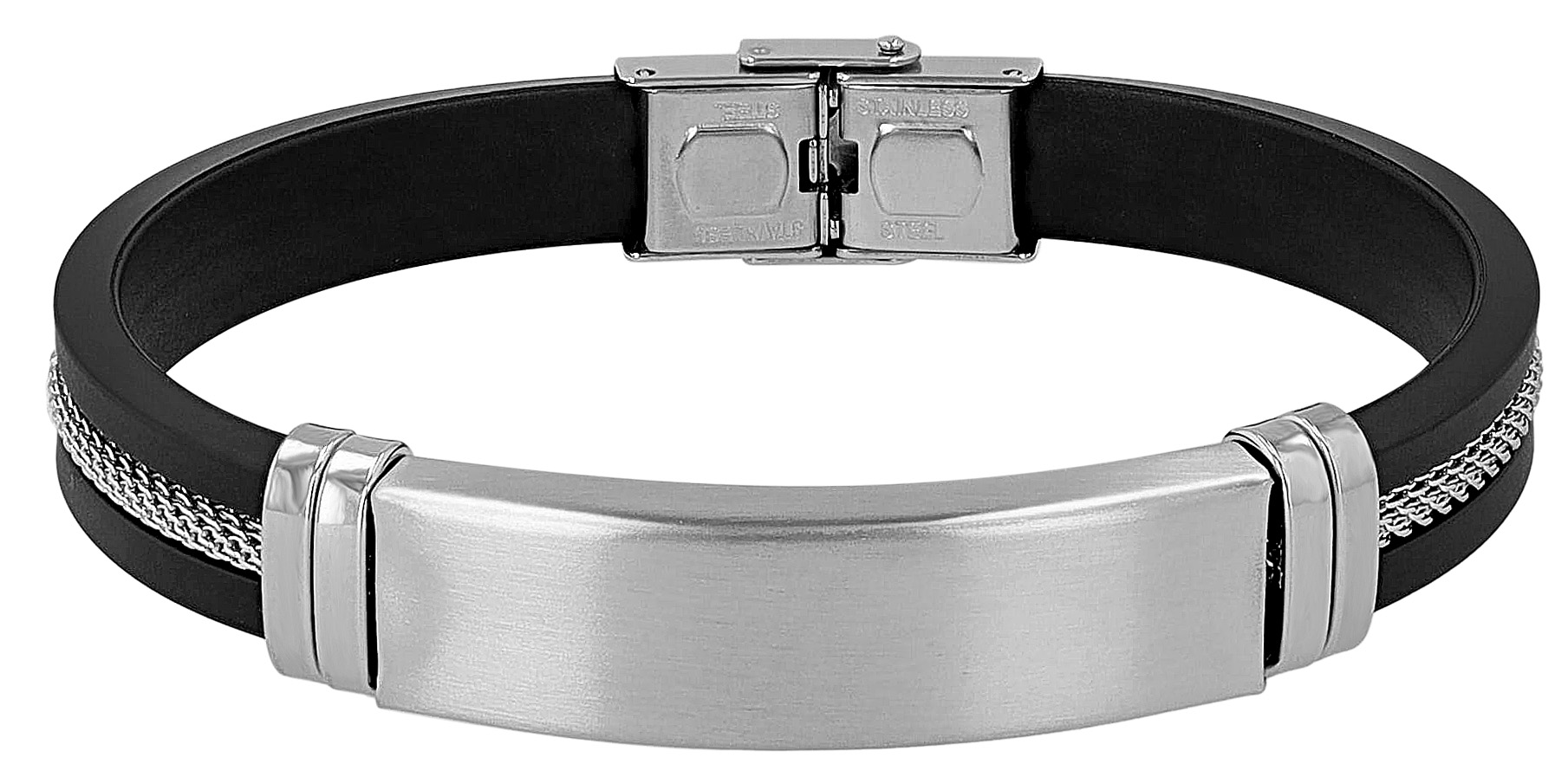 "Luke", Akzent Silikonarmband, Gravurplatte, Edelstahleinsatz, schwarz/silberfarben, 21 cm