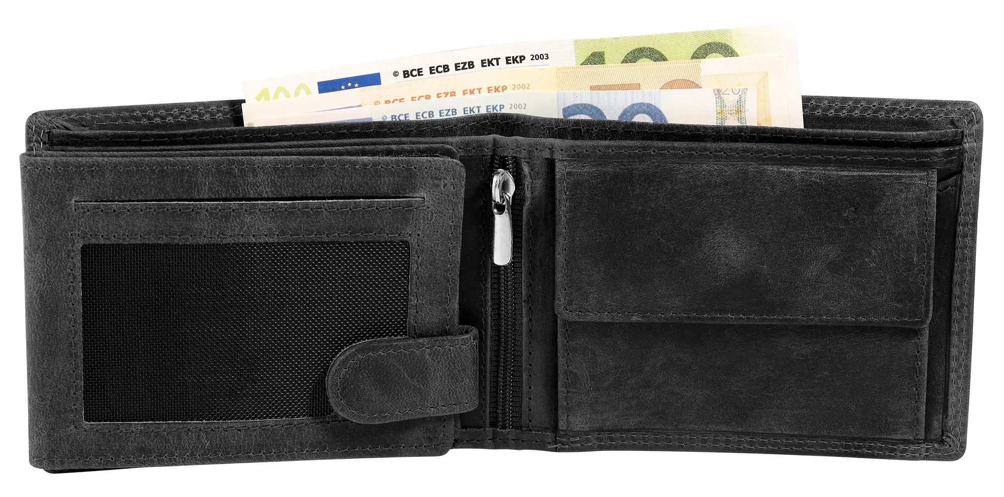 Akzent Echt Leder (Hunter-Leder) Geldbörse, RFID, Querformat, "Jäger", schwarz