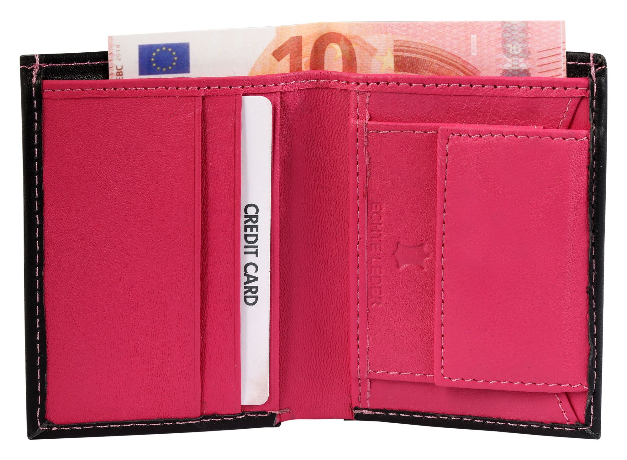 Excellanc Mini-Geldbörse aus Echtleder, Hochformat, schwarz/rosa