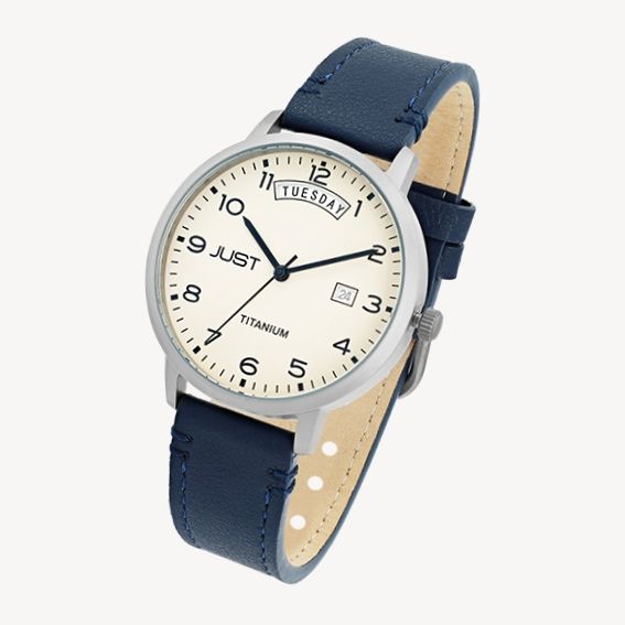 JUST  "Fanis" Titan Herrenuhr mit Echtlederarmband, 5 ATM, blau