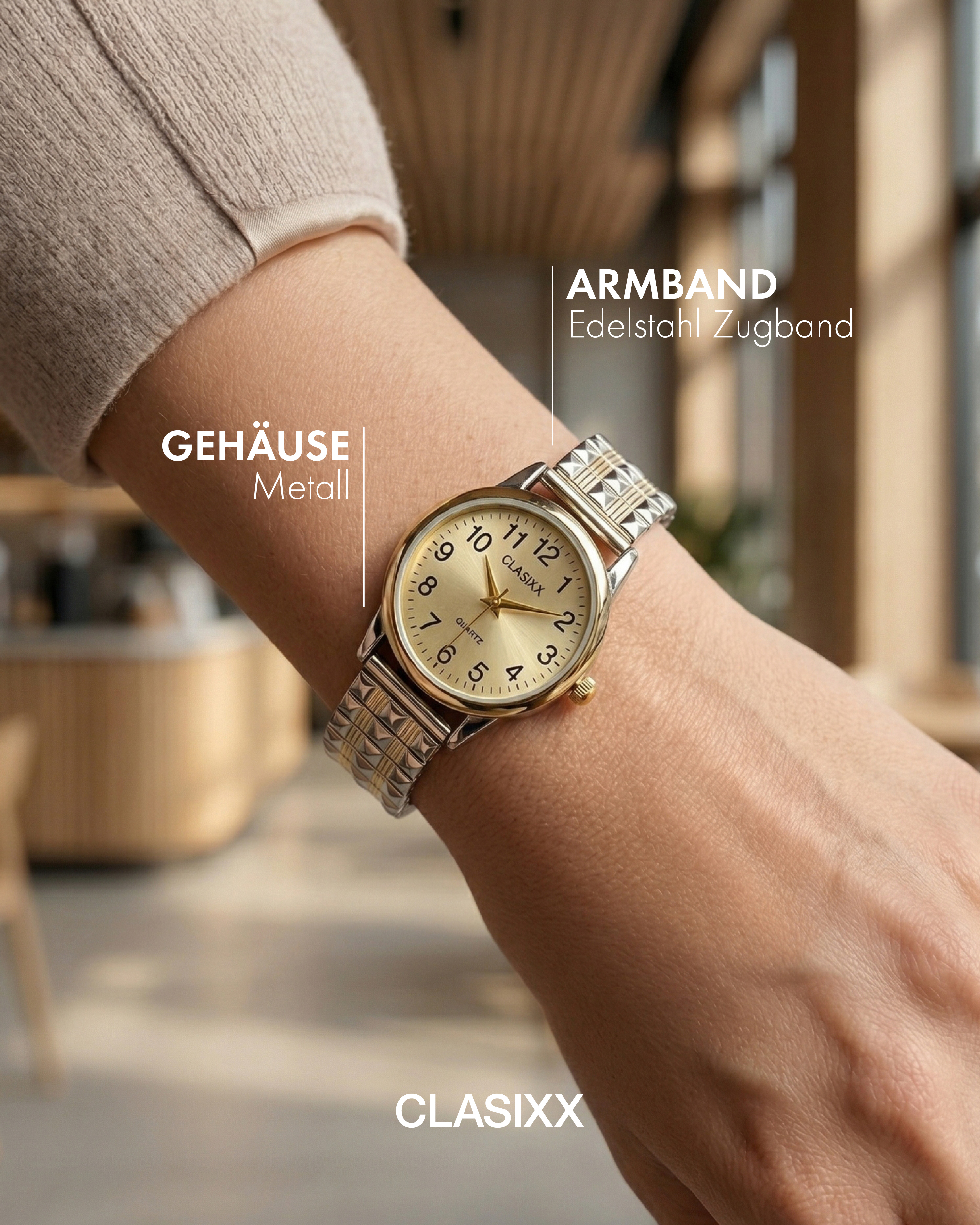 CLASIXX  Damenuhr mit Edelstahl-Zugband, Ø 28 mm, bicolor/ goldfarben