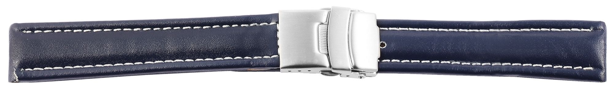 Echtleder-Uhrenarmband, blau, weiße Naht, Faltschließe, 16 mm