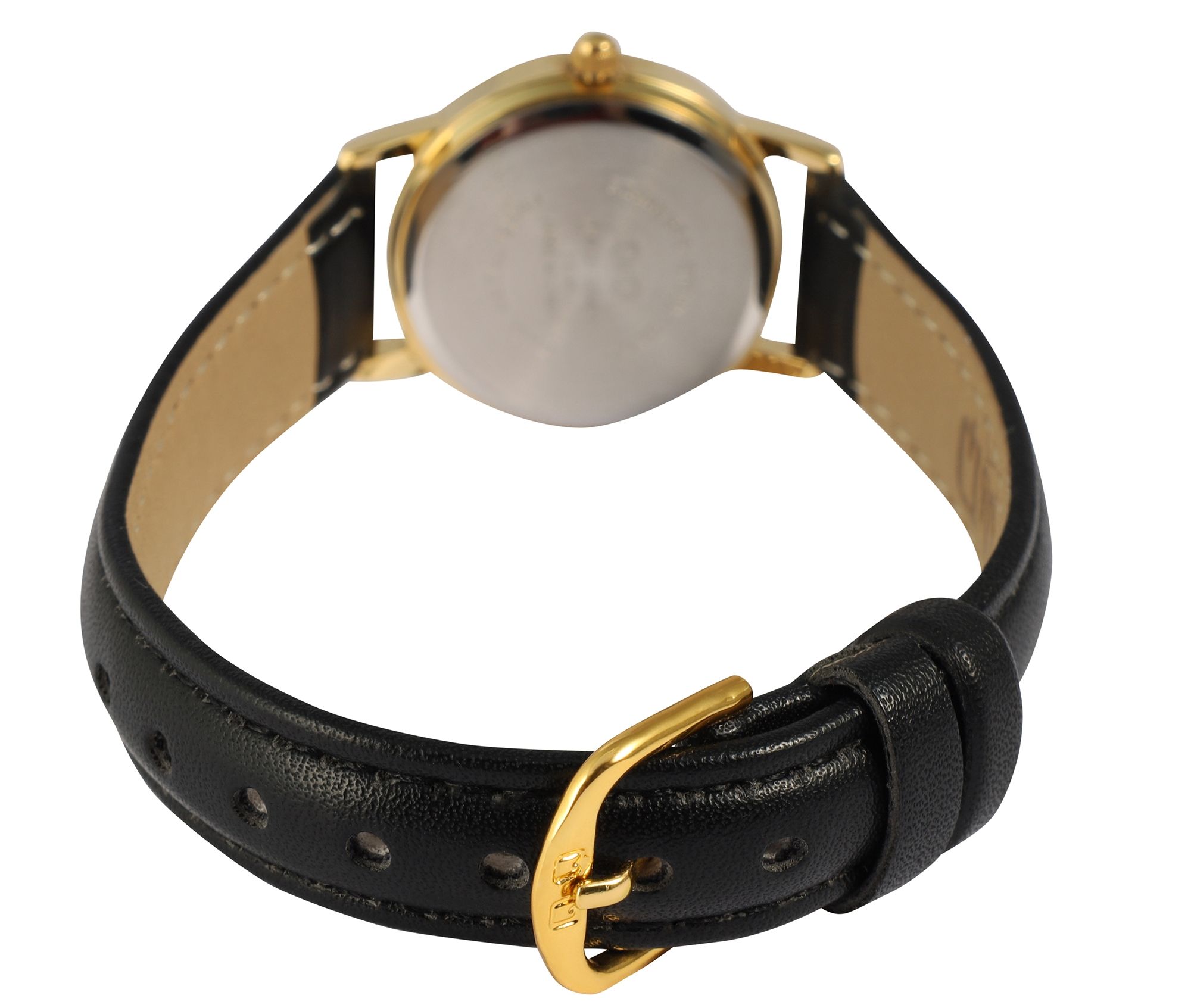 Q&Q Damenuhr, gepolstertes Lederimitatband, Ø 26 mm, schwarz/goldfarben